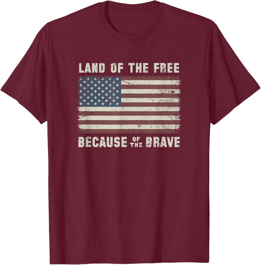 Land of The Free Because of The Brave Vintage Flag T-Shirt - T-Shirt | Maroon