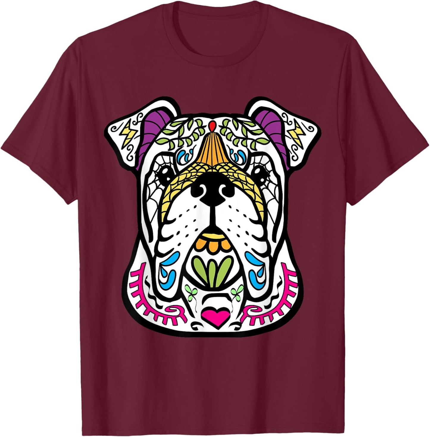 English Bulldog - Day Of The Dead Sugar Skull Dog Shirt Gift T-Shirt - T-Shirt | Maroon