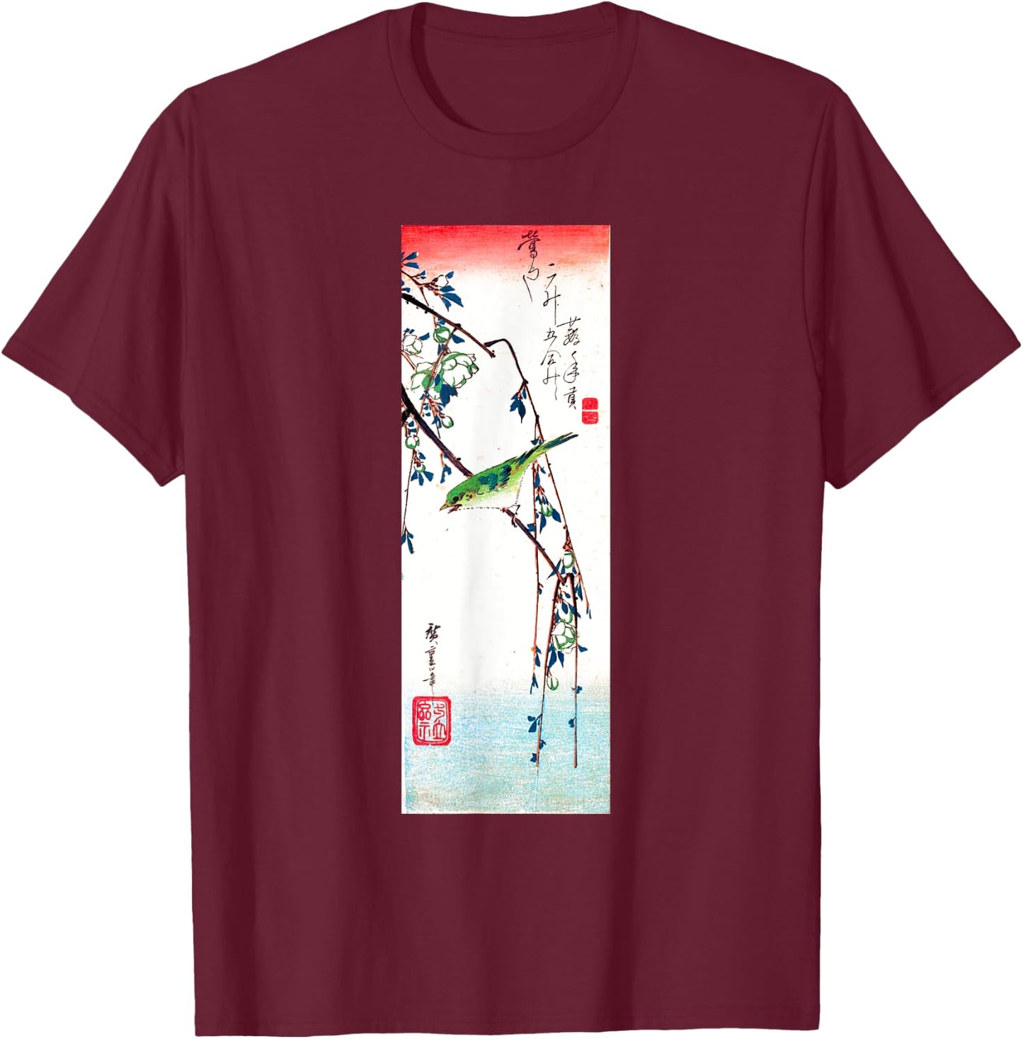Japanese Art, Hiroshige Woodblock Art Design Warbler T-Shirt - T-Shirt | Maroon