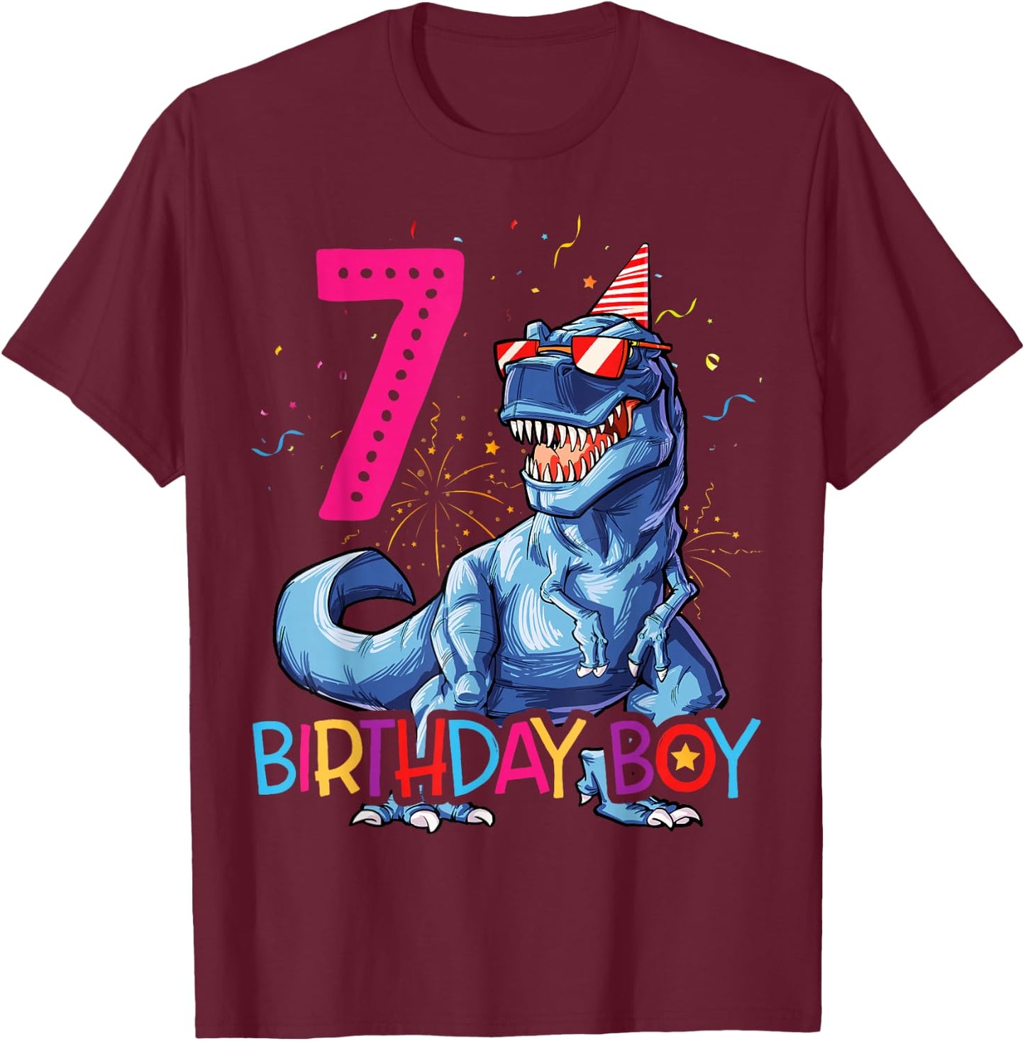 Dinosaur T rex 7 year Old T shirt Kids 7th Birthday T-Shirt - T-Shirt | Maroon