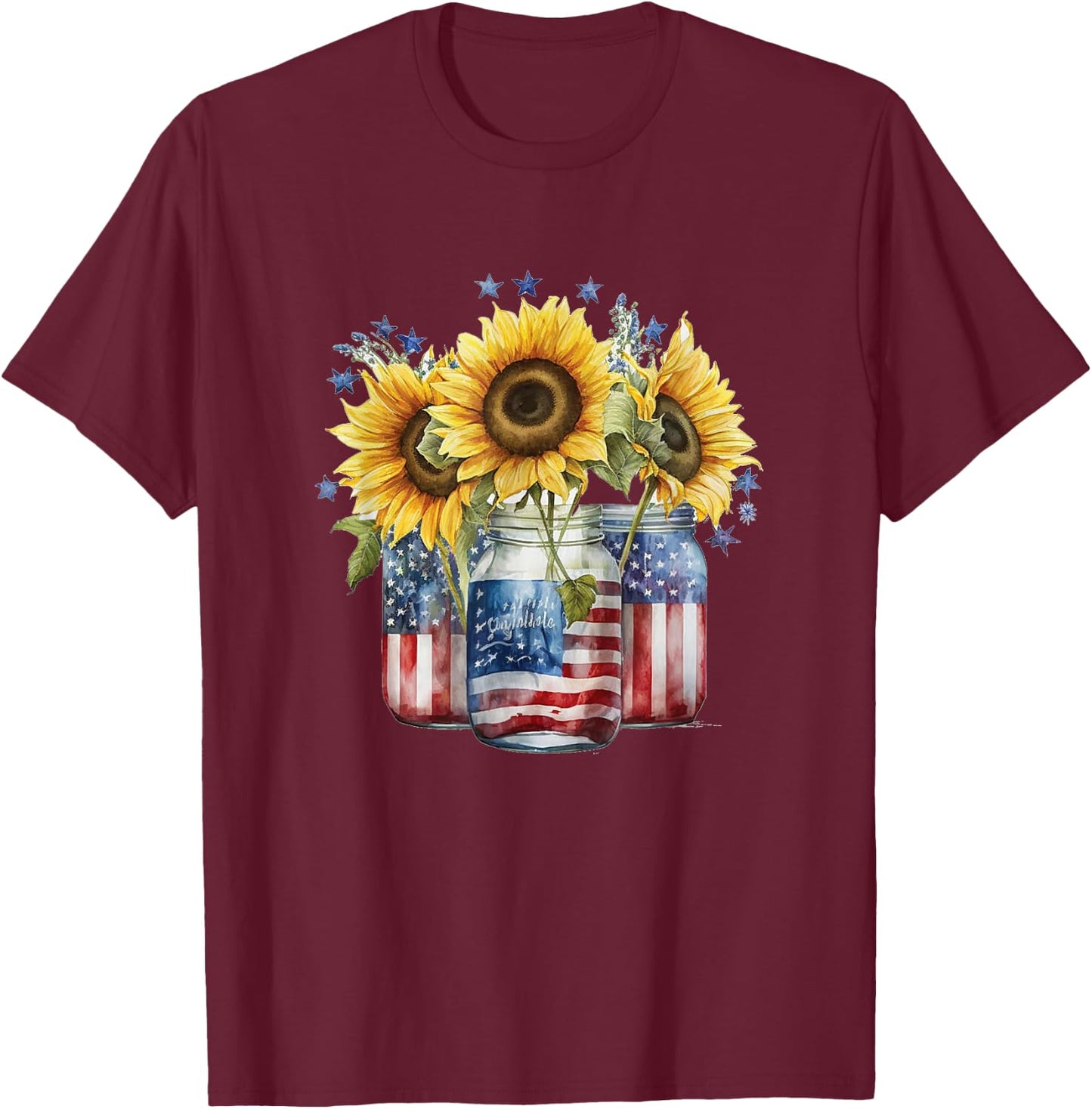Patriotic Sunflower in Mason Jars 4th of July American Flag T-Shirt - T-Shirt | Maroon