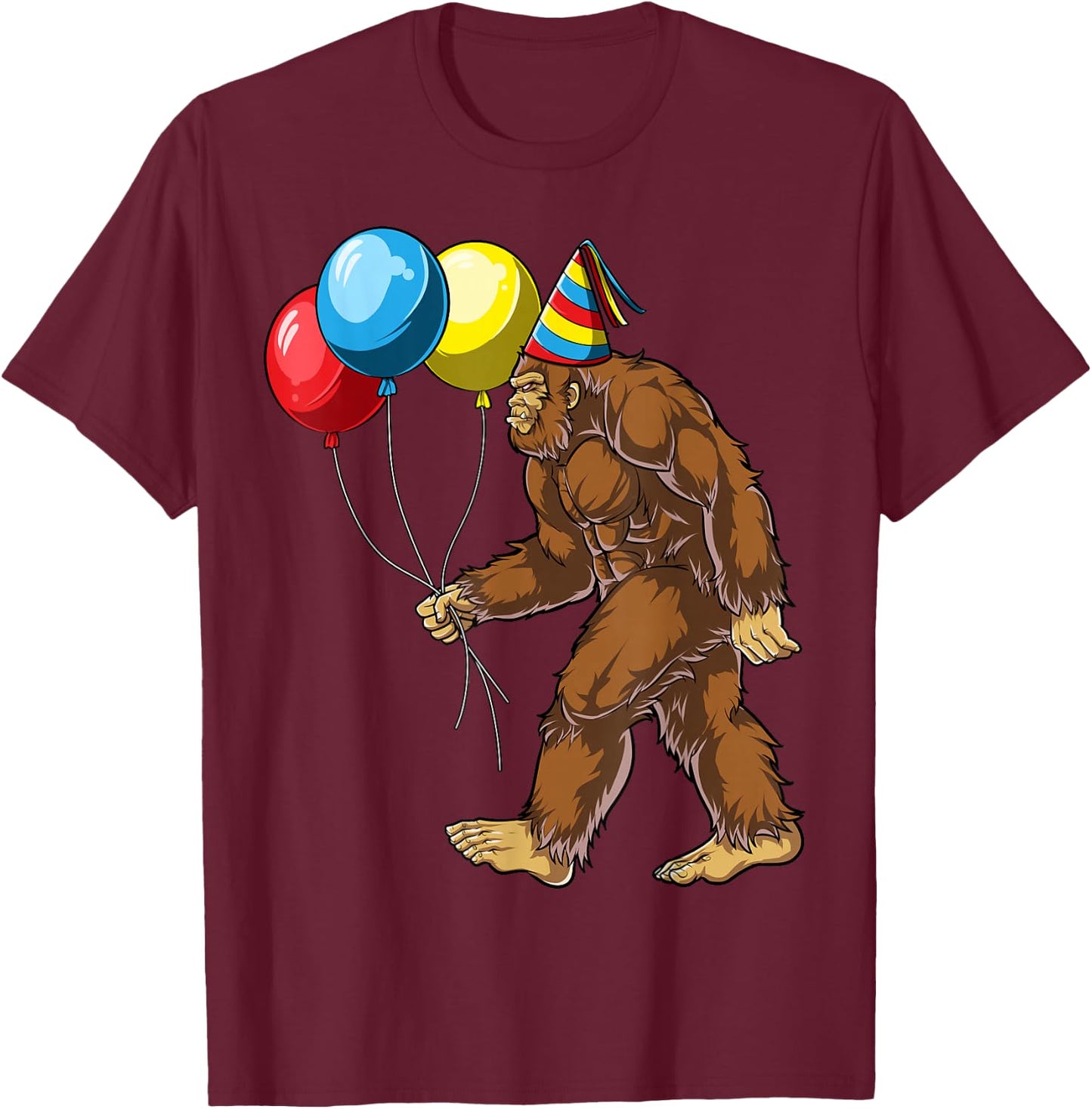 Bigfoot It's My Birthday Party Hat Balloons Boys Sasquatch T-Shirt - T-Shirt | Maroon