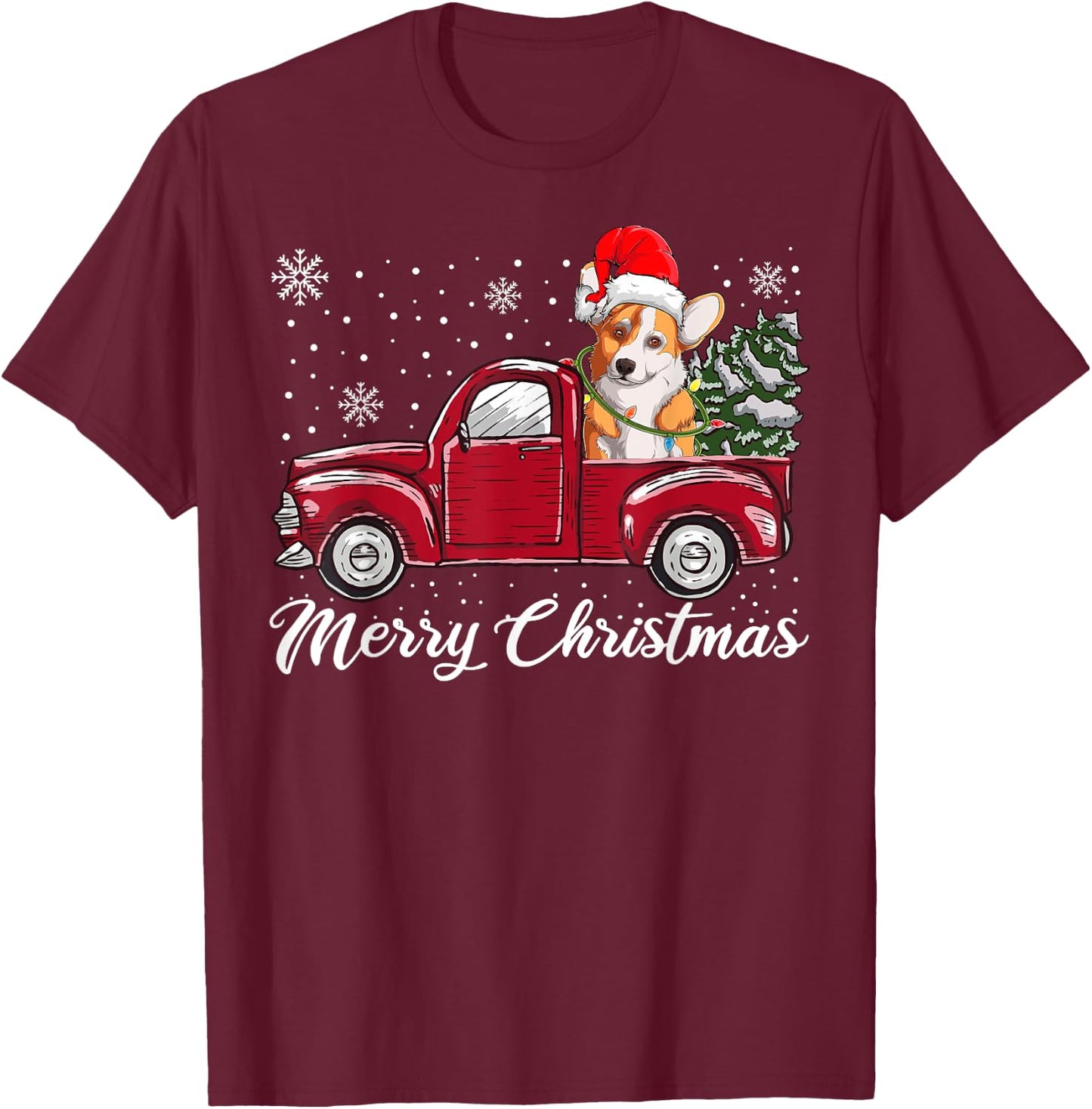 Merry Christmas Dog Sweater, Red Truck Welsh Corgi Pajama T-Shirt - T-Shirt | Maroon