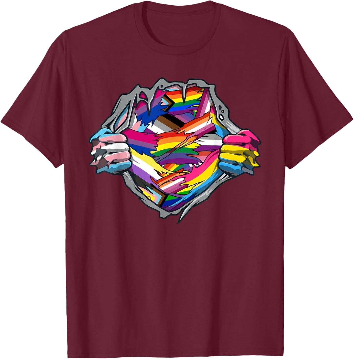 Funny LGBTQ Pride Month Rainbow Flag Superhero Ripped Heart T-Shirt - T-Shirt | Maroon