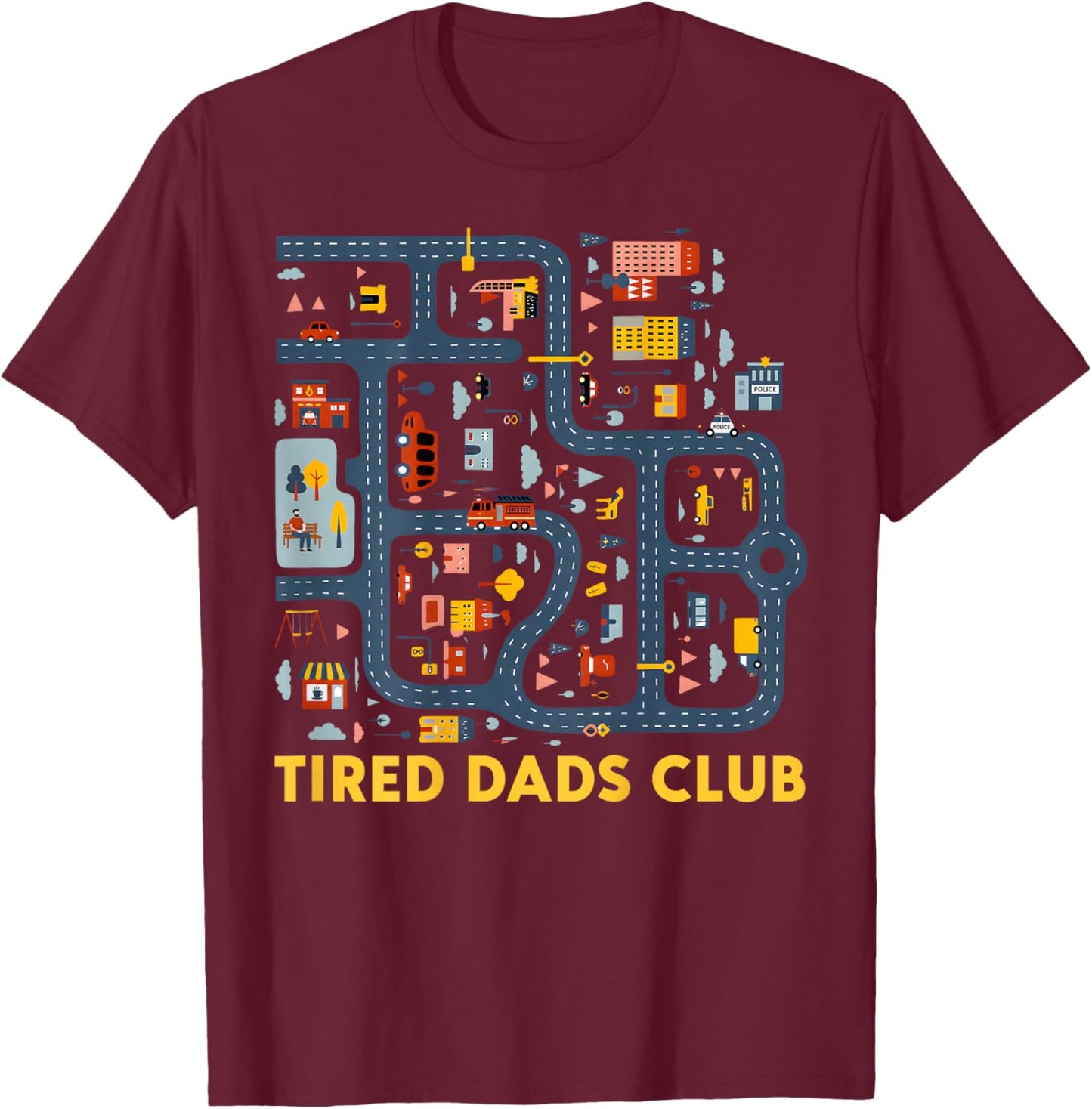 (On Back) Tired Dad Club Car Race Track On Dad Fathers Day T-Shirt - T-Shirt | Maroon