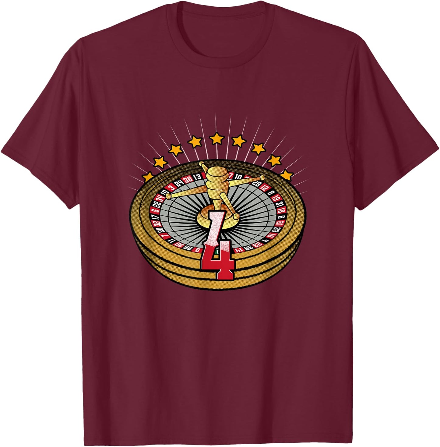 Lucky Number 4 Roulette Wheel Gambling Vegas Style T-Shirt - T-Shirt | Maroon