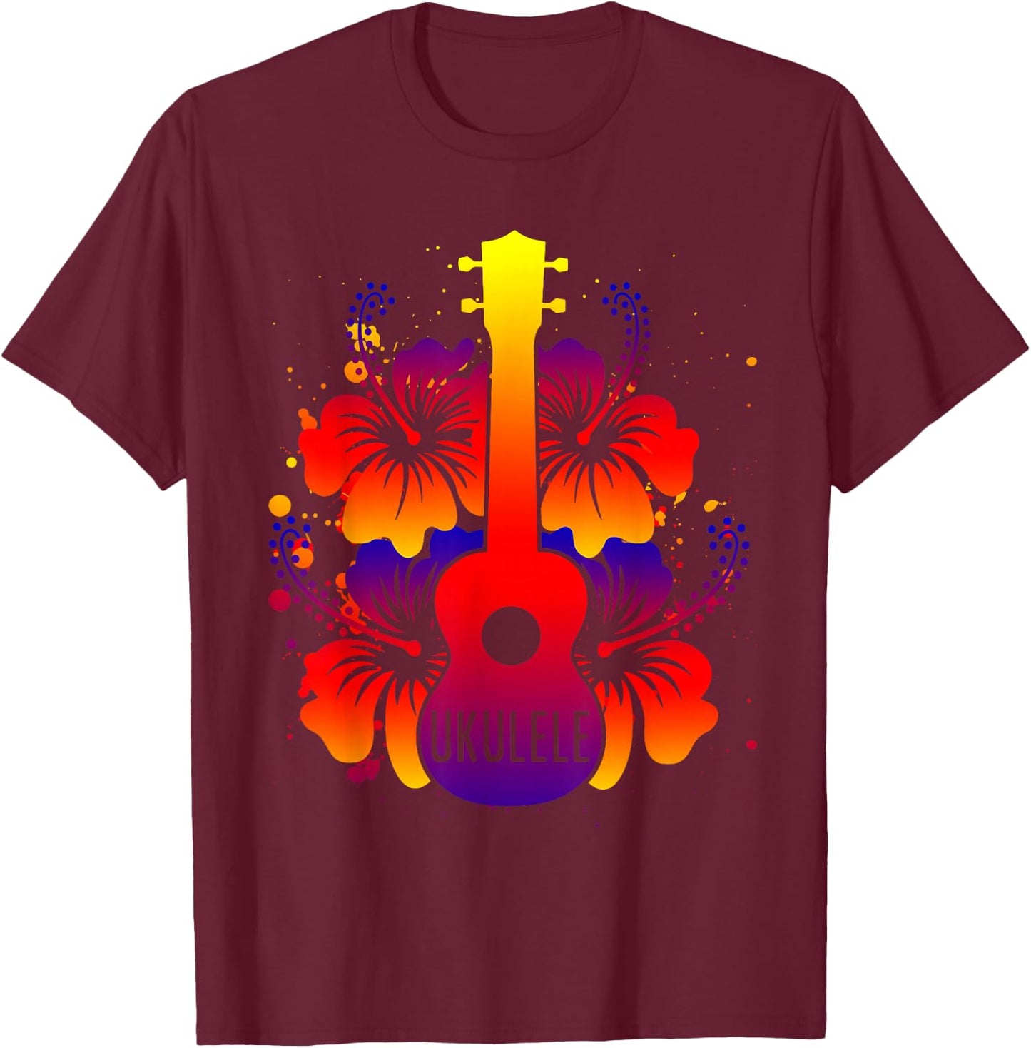 Ukulele - Hawaiian Hibiscus Flowers Floral Summer T-Shirt - T-Shirt | Maroon