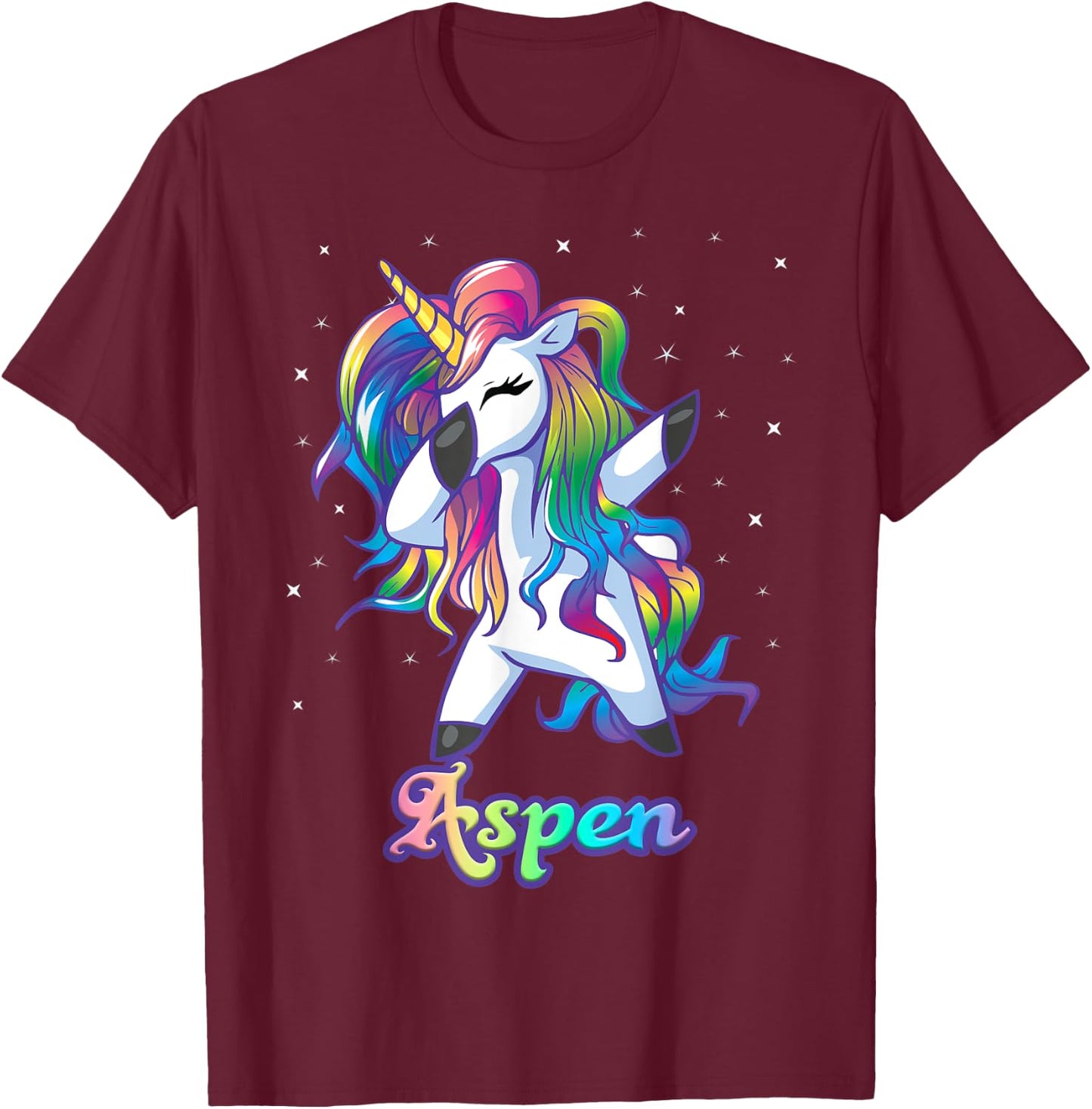 ASPEN Name Personalized Custom Rainbow Unicorn Dabbing T-Shirt - T-Shirt | Maroon