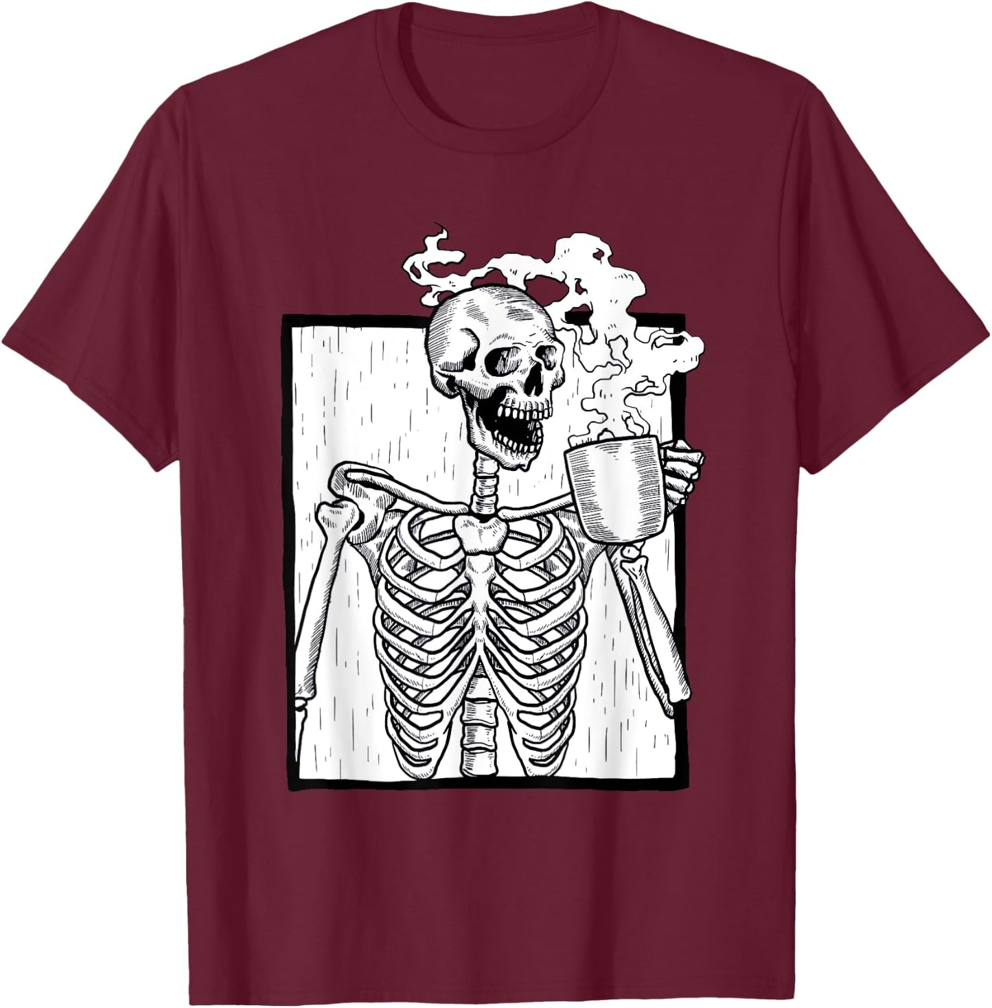 Halloween Coffee Drinking Skeleton Coffee Skull T-Shirt - T-Shirt | Maroon