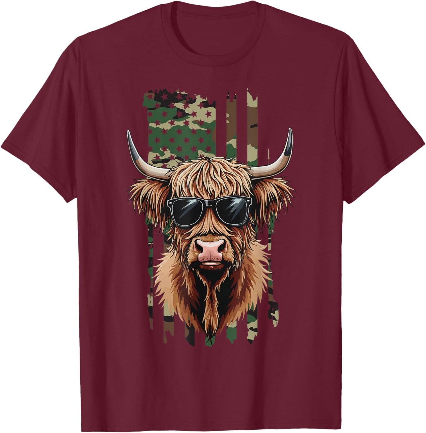 Highland Cow Camo American Flag, Patriotic Highland Cow T-Shirt - T-Shirt | Maroon