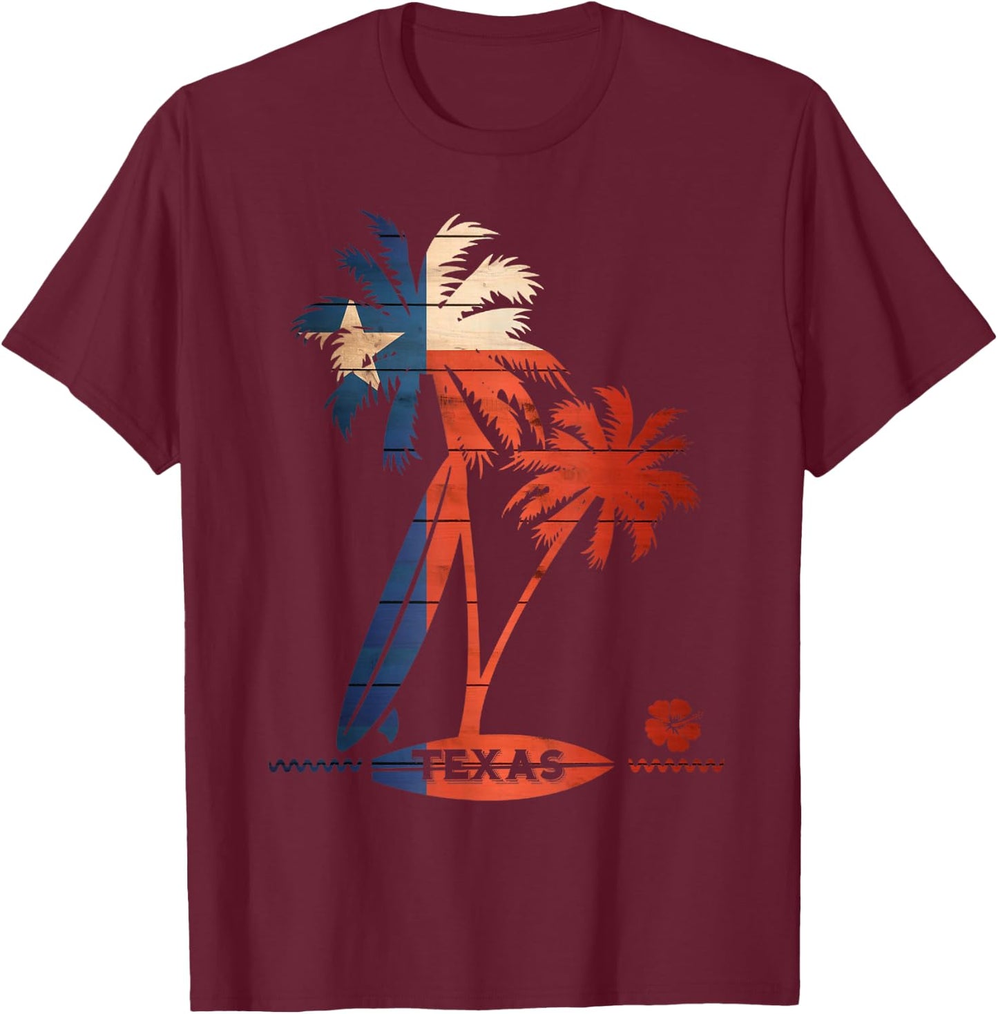 Surf Texas Palm Tree and Surfboard Shirt T-Shirt - T-Shirt | Maroon