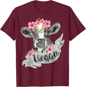 Vegetarian Humor Fashion Vegan Funny Cow With Flower Headband Gift T-Shirt - T-Shirt | Maroon