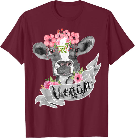 Vegetarian Humor Fashion Vegan Funny Cow With Flower Headband Gift T-Shirt - T-Shirt | Maroon