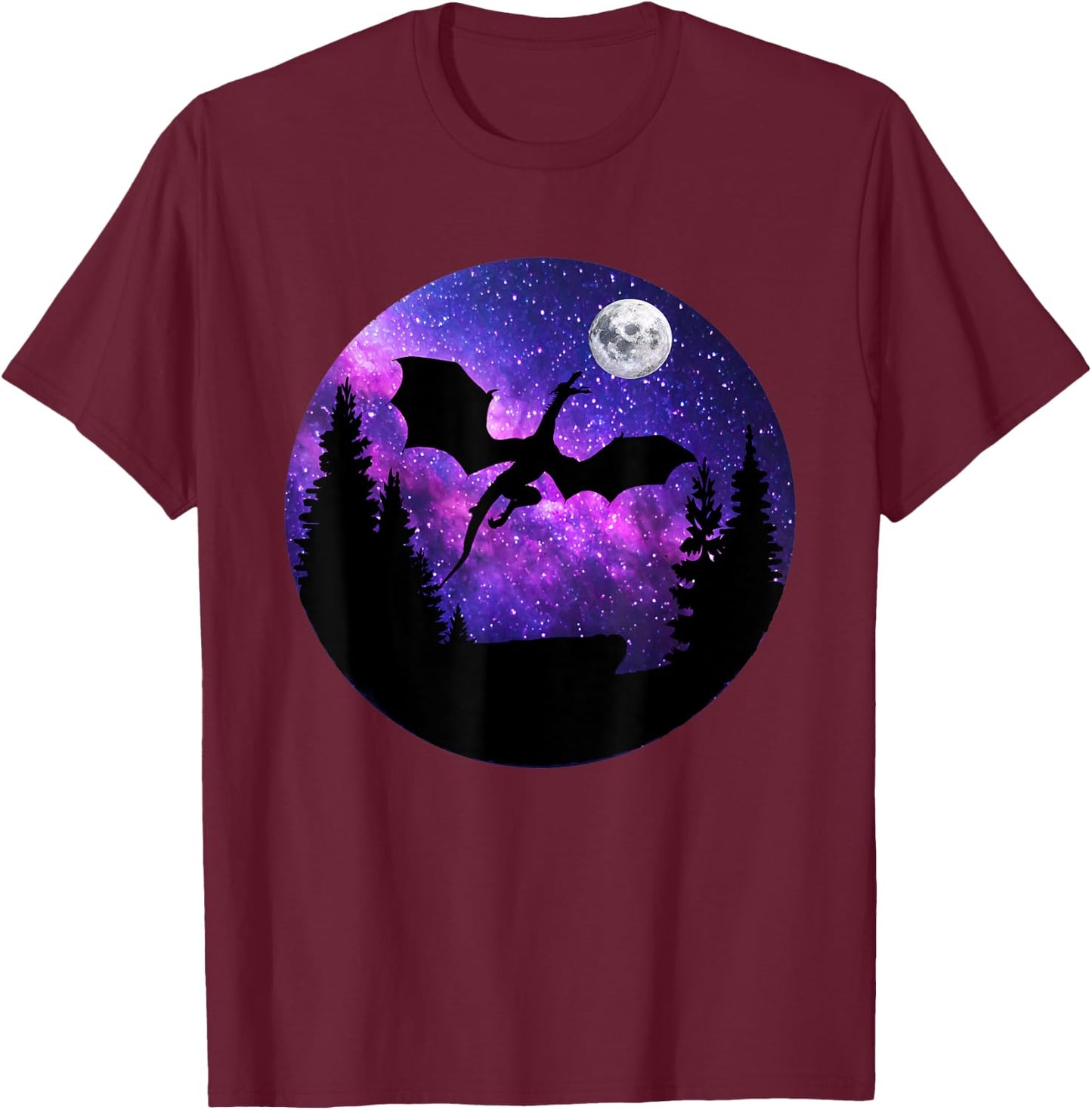 Dragon In Night Sky Full Moon Purple Galaxy Cosmic Art T-Shirt - T-Shirt | Maroon