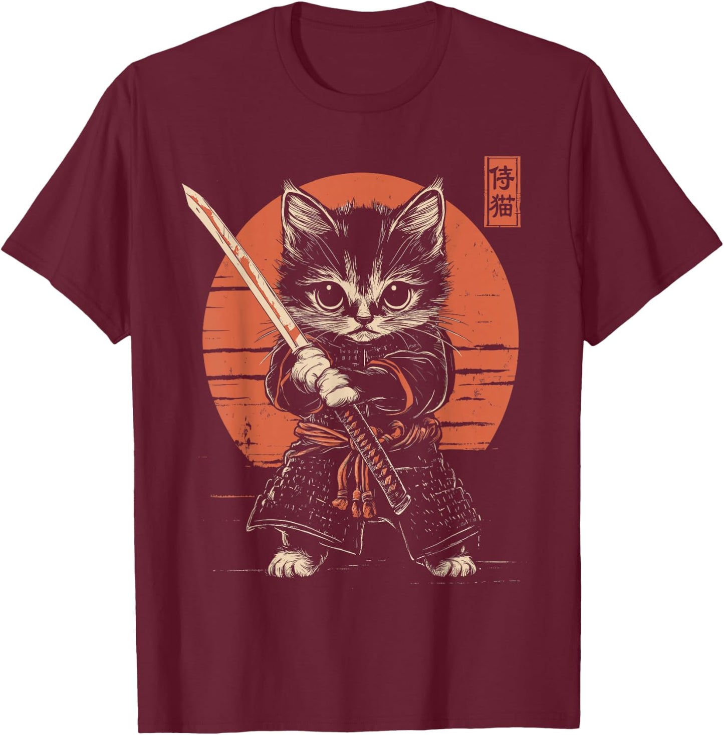 Japanese Samurai Cat Kawaii Ninja Cat T-Shirt - T-Shirt | Maroon