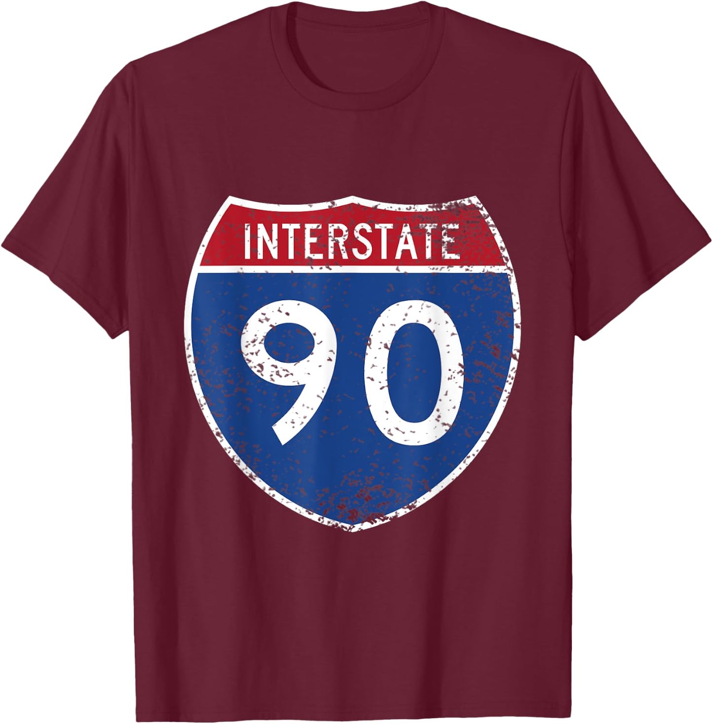Interstate 90 Distressed Grunge Vintage Look T-Shirt - T-Shirt | Maroon