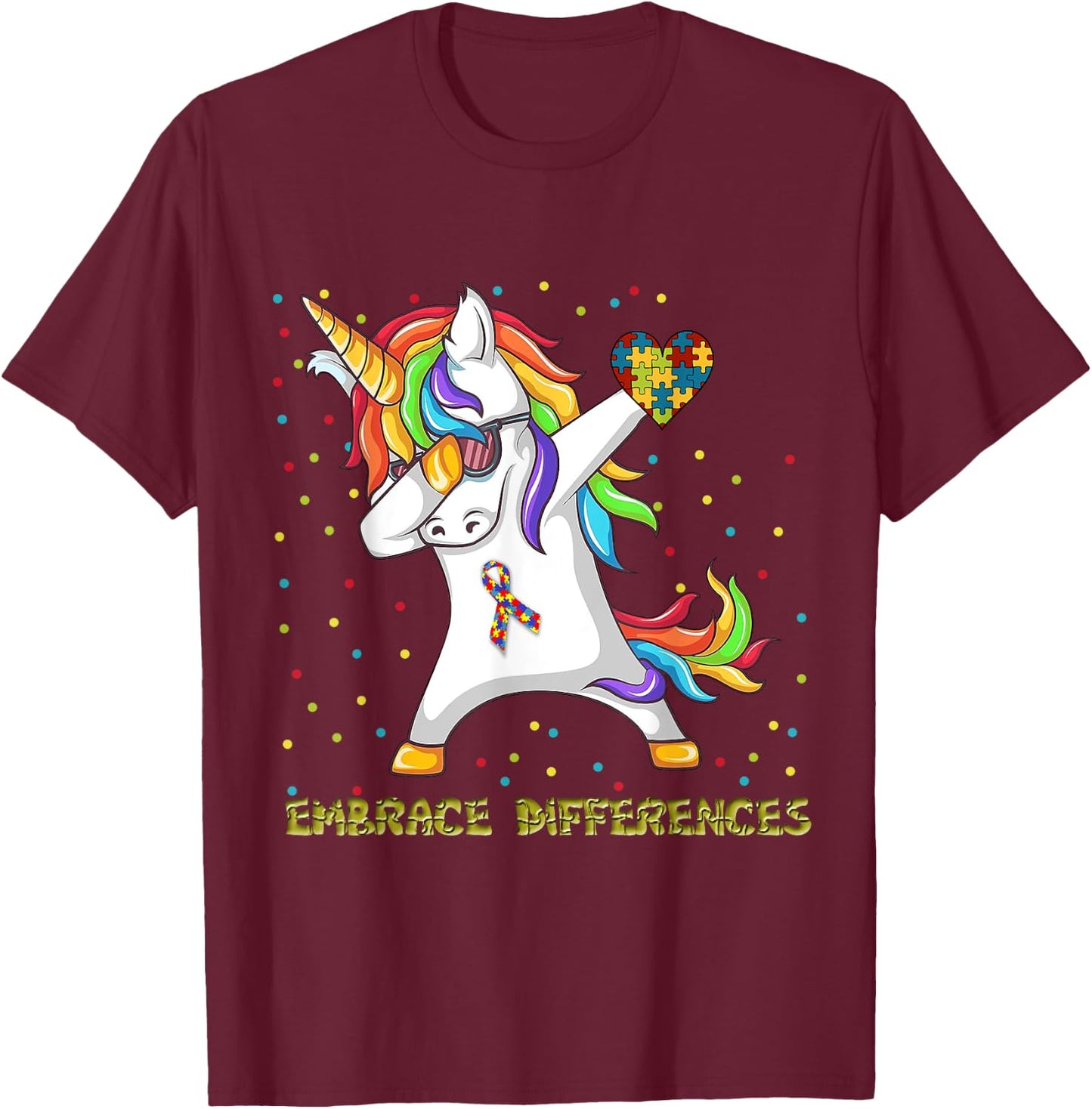 Embrace Differences Unicorn Dabbing Puzzle Autism Awareness T-Shirt - T-Shirt | Maroon