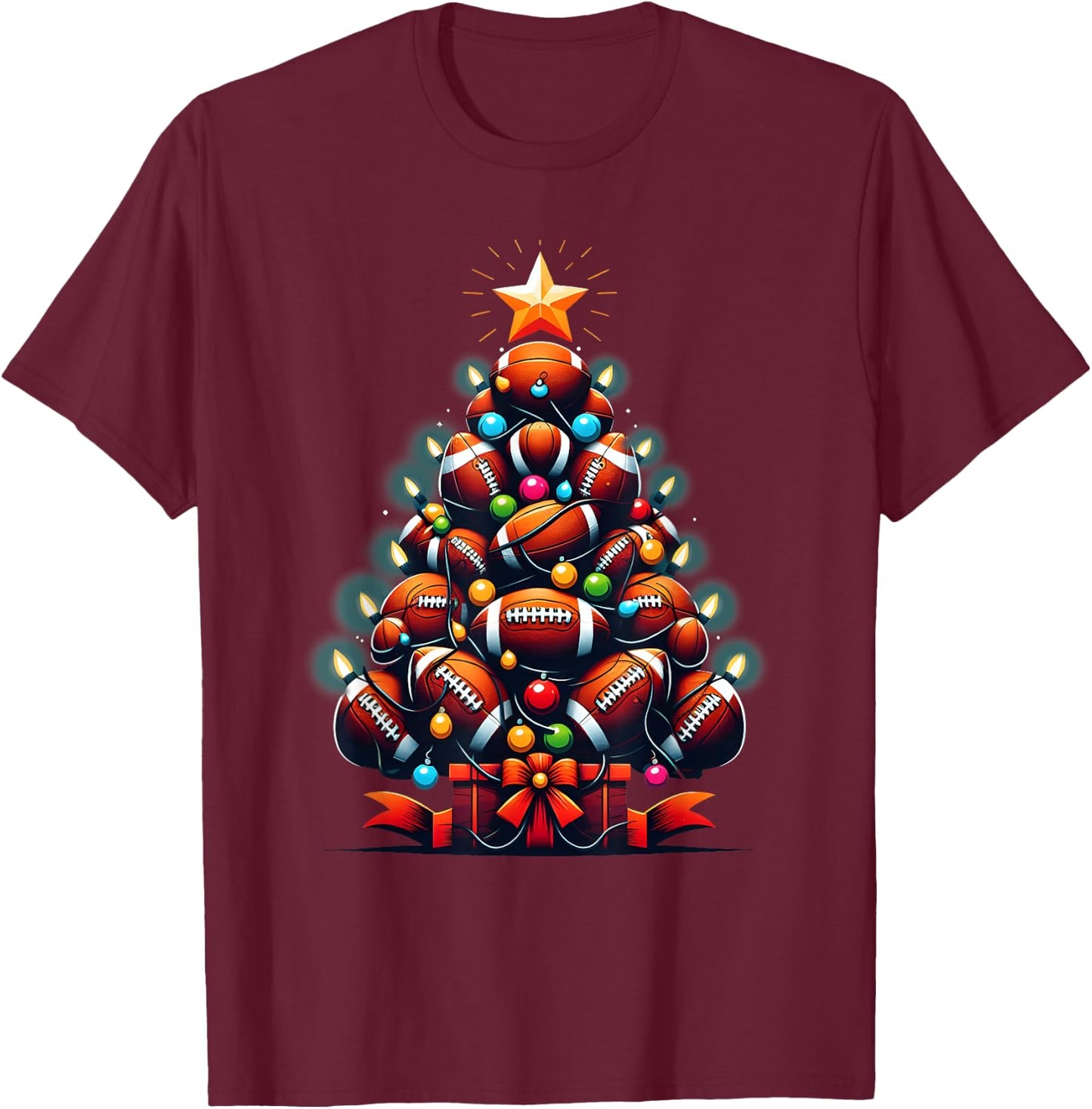 American Football Christmas Tree Xmas Pajamas Player Coach T-Shirt - T-Shirt | Maroon