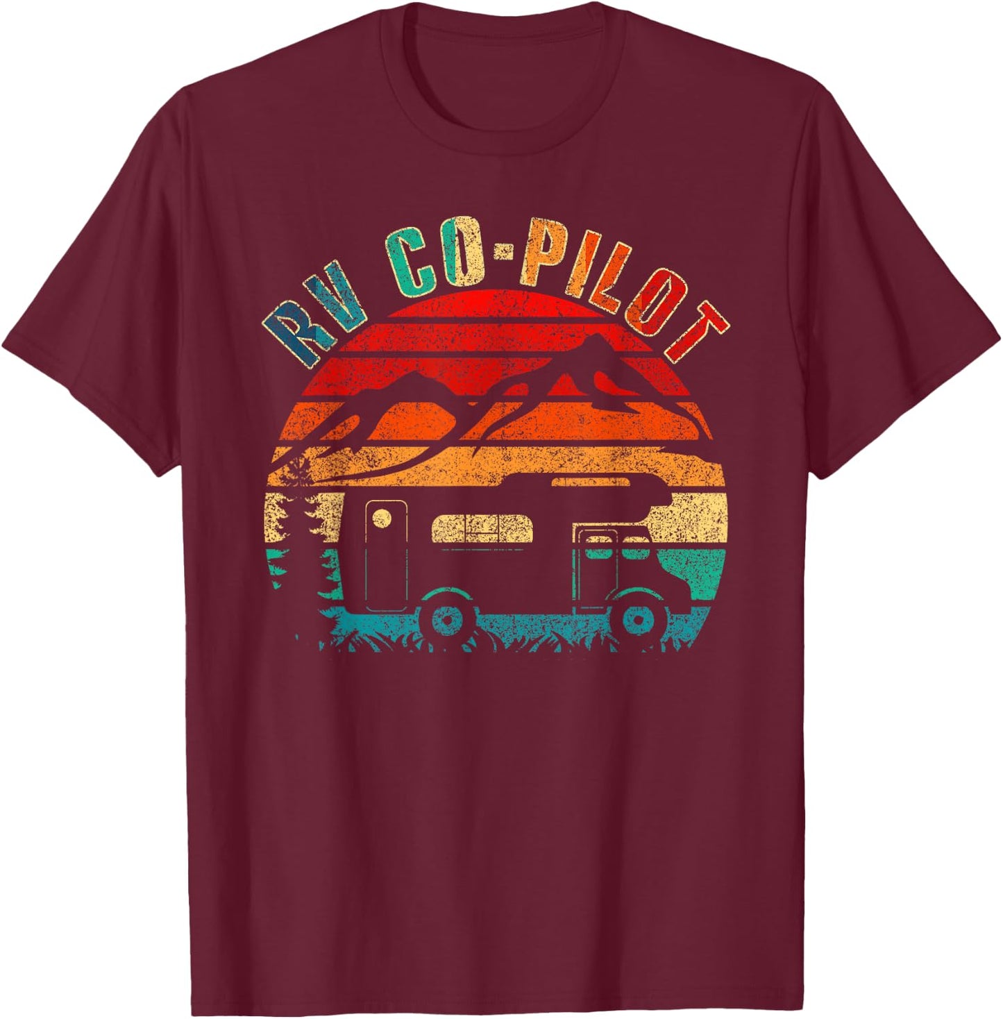 Funny Vintage Motorhome Travel Vacation RV Co-Pilot Camping - Black, Medium, , Short Sleeve, Classic Fit, Cotton Blend, Polyester T-Shirt - T-Shirt | Maroon