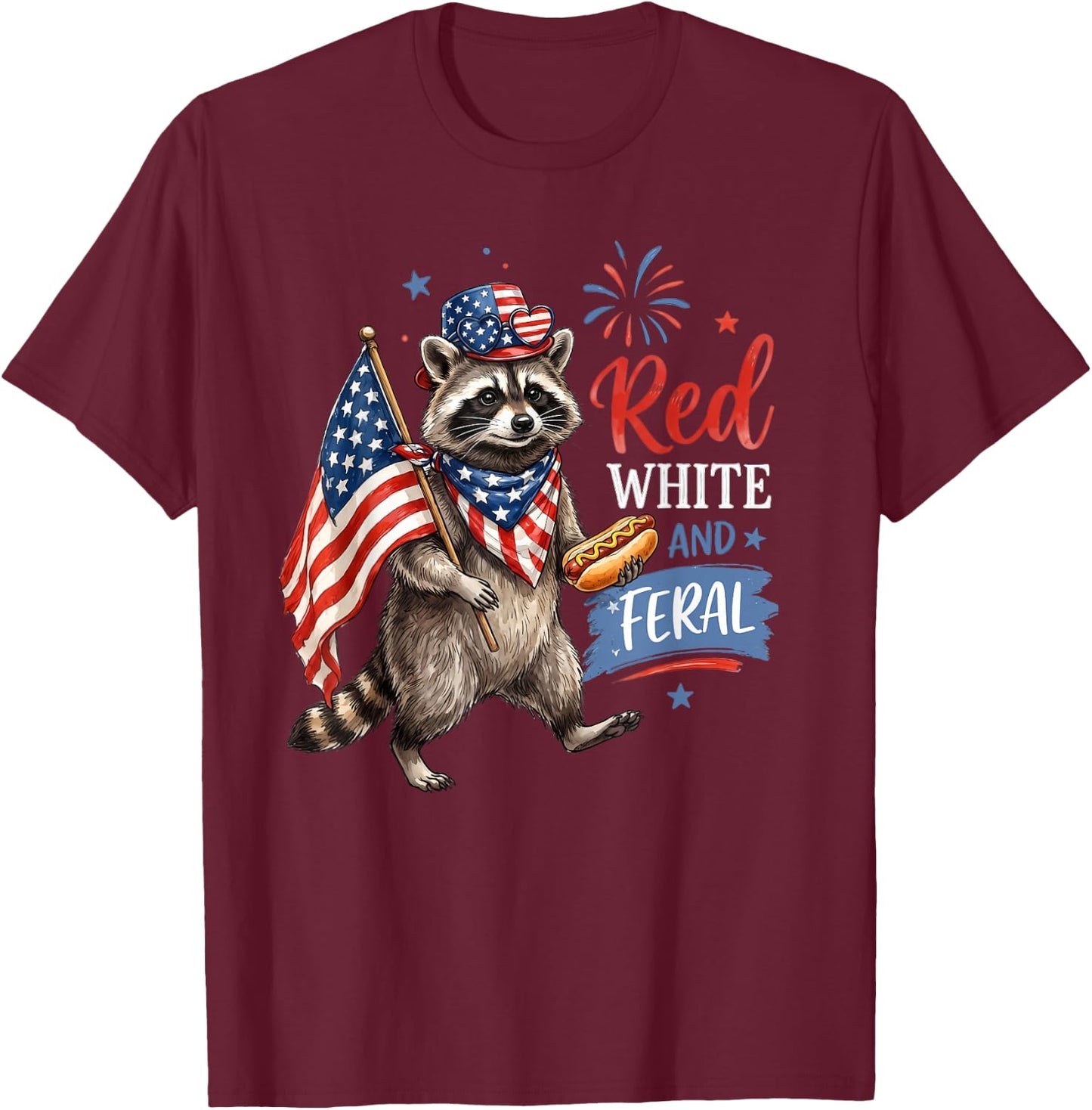 Red White and Feral USA Flag American Raccoon 4th of July T-Shirt - T-Shirt | Maroon