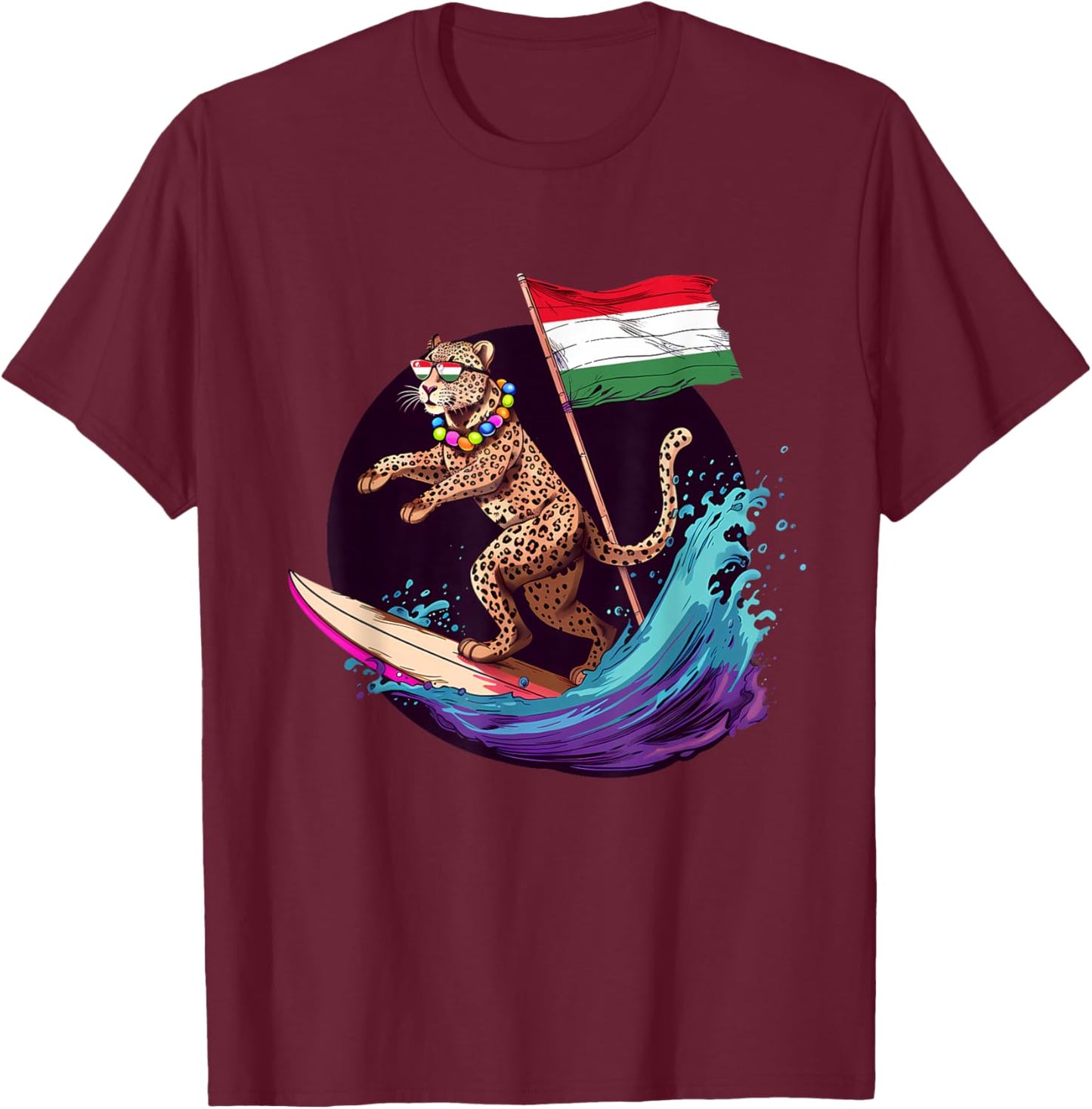 Hungary Flag Surfing Leopard Hungarian Pride Hungarian Roots T-Shirt - T-Shirt | Maroon