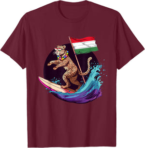 Hungary Flag Surfing Leopard Hungarian Pride Hungarian Roots T-Shirt - T-Shirt | Maroon