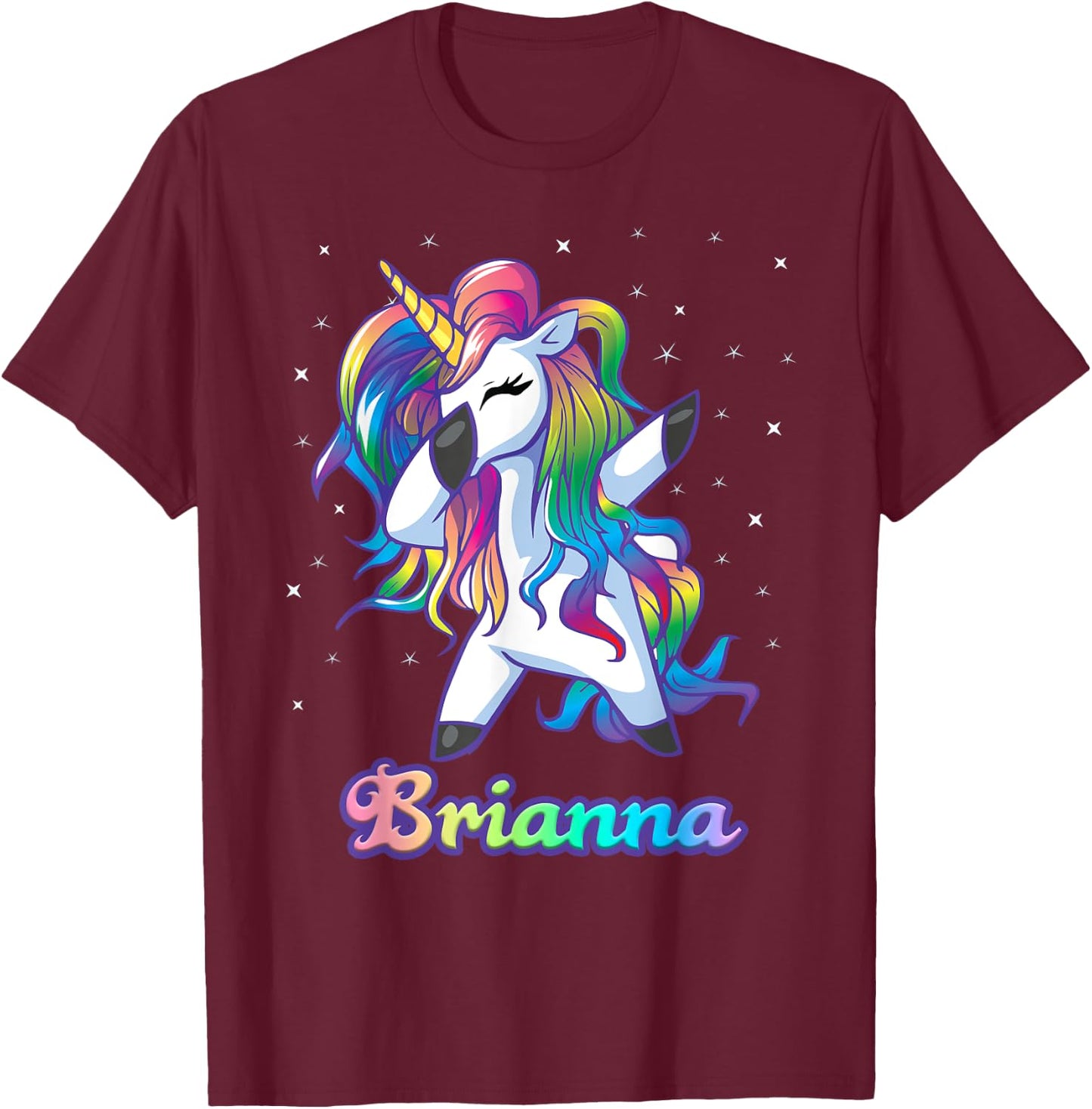 BRIANNA Name Personalized Custom Rainbow Unicorn Dabbing T-Shirt - T-Shirt | Maroon