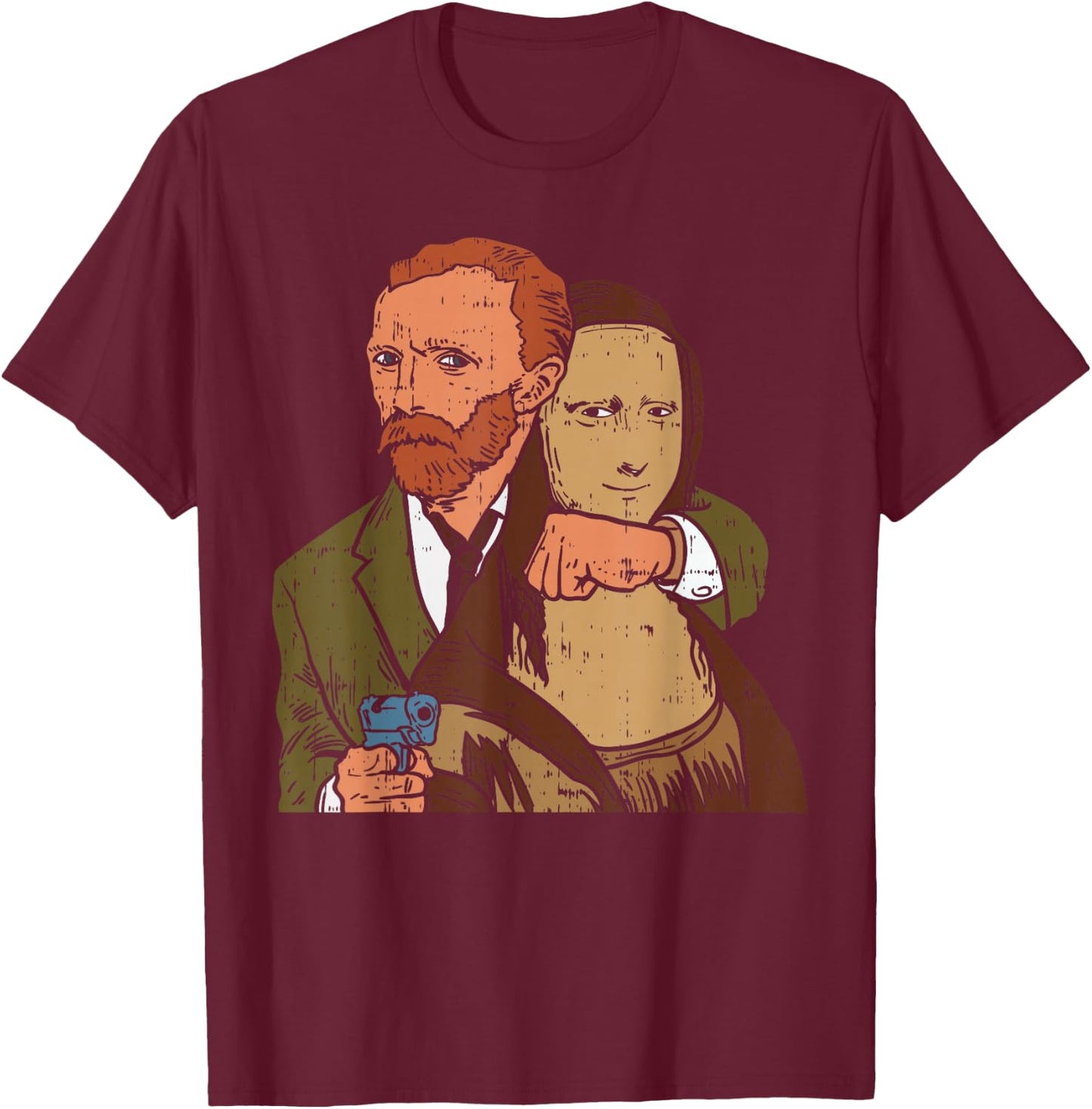 Van Gogh Mona Lisa Funny Famous Art Painting Parody Gift T-Shirt - T-Shirt | Maroon