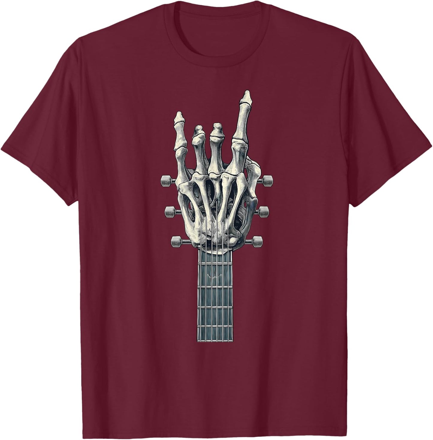 Rock On Guitar Neck Rock & Roll Star Skeleton Hand Band T-Shirt - T-Shirt | Maroon