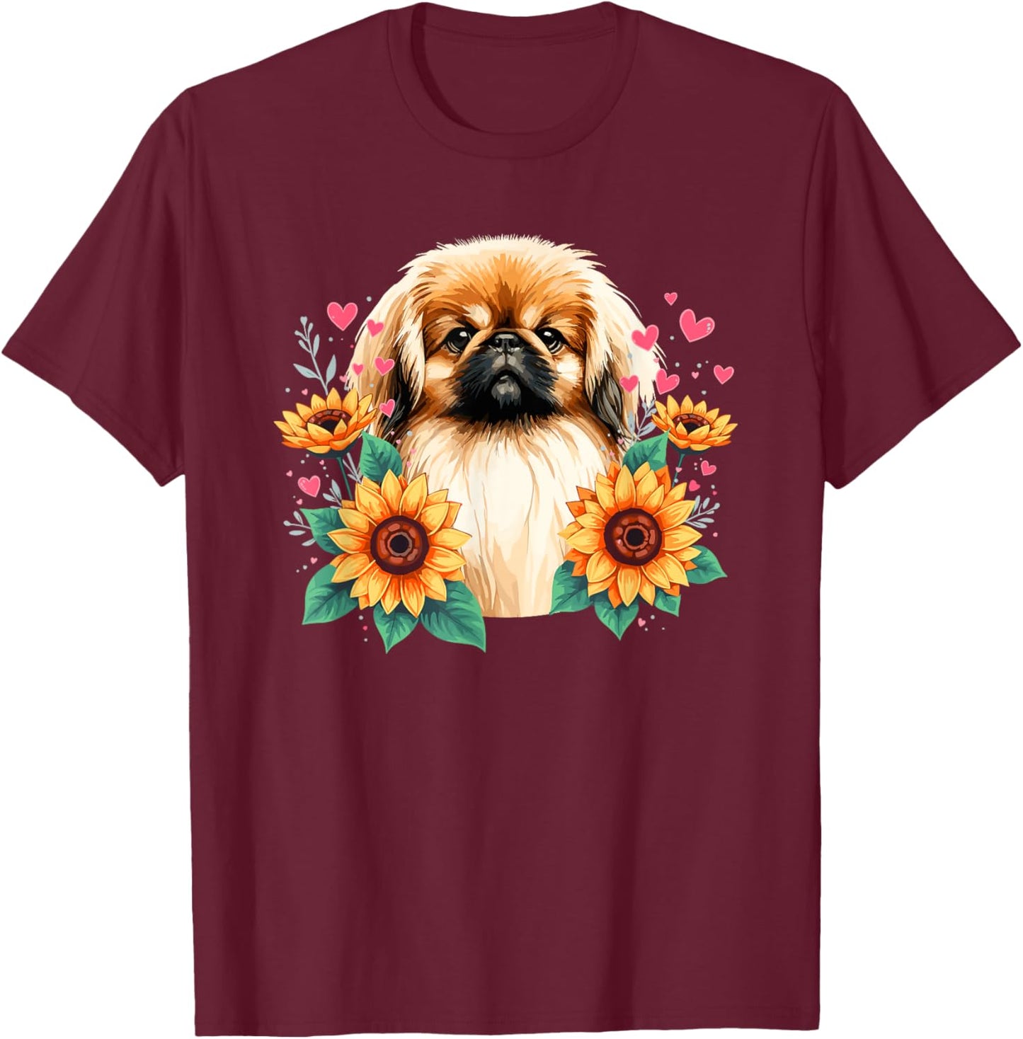 Sunflowers Pekingese Pekingeses T-Shirt - T-Shirt | Maroon