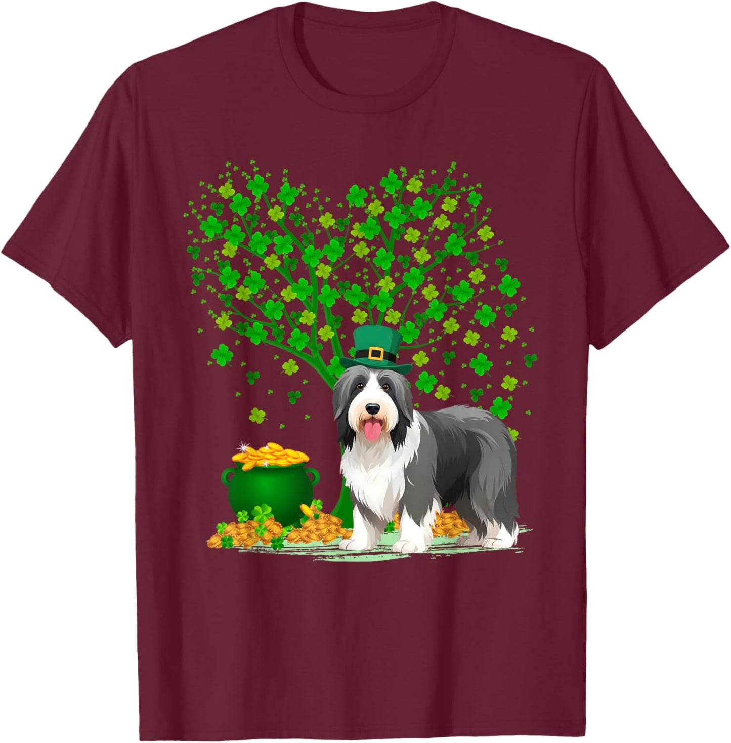 Shamrock Tree Leprechaun Bearded Collie Dog St Patrick's Day T-Shirt - T-Shirt | Maroon