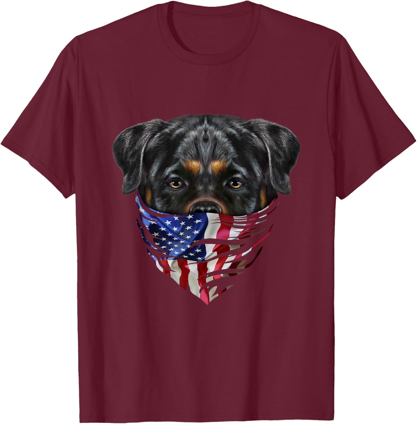 Patriotic Rottweiler Dog in Flag of USA Bandana T-Shirt - T-Shirt | Maroon