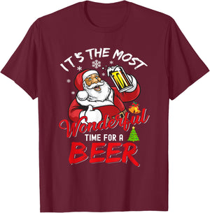 Funny Christmas Santa Claus Drinking Beer Wonderful Time T-Shirt - T-Shirt | Maroon