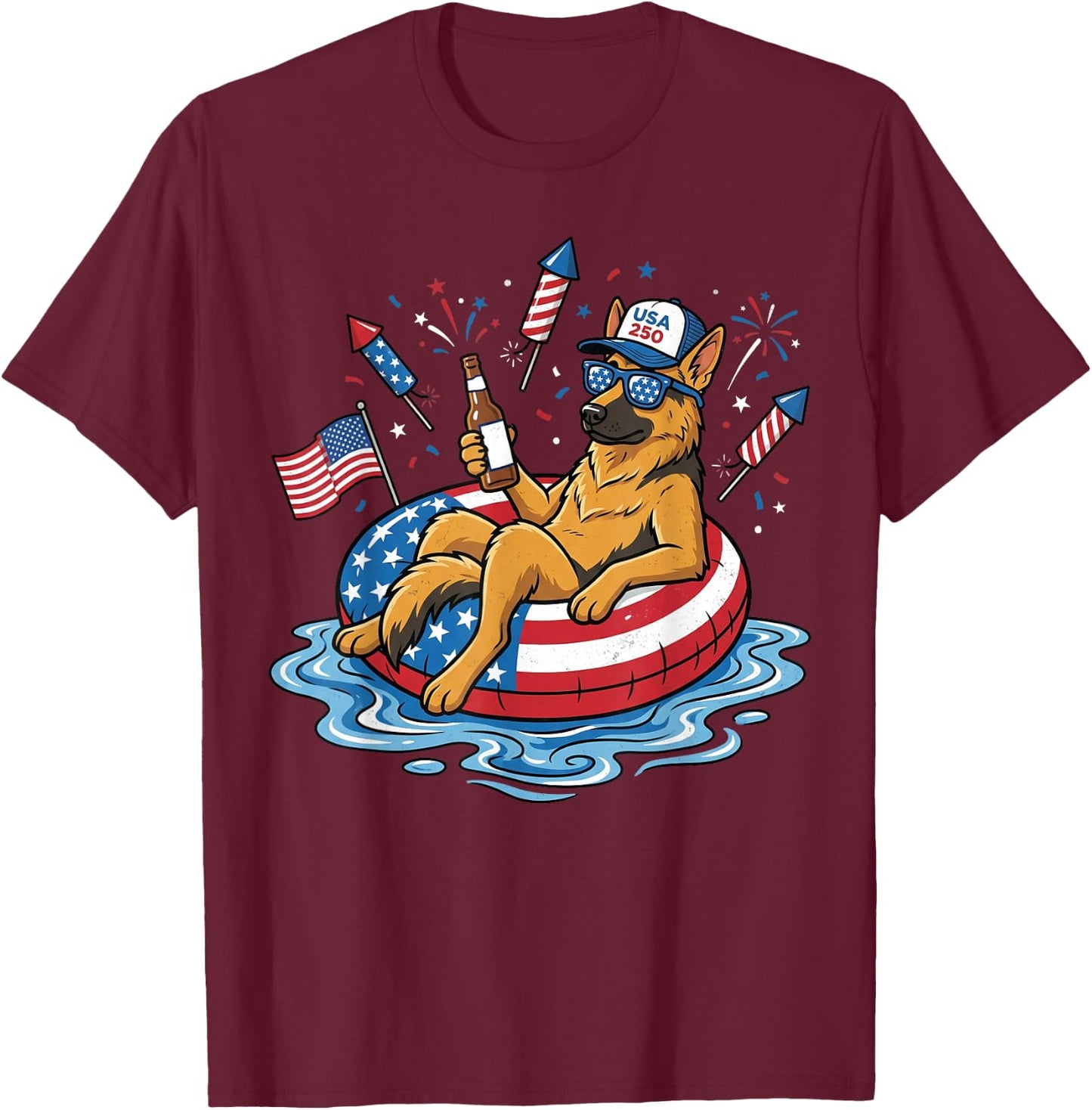 Retro German Shepherd Beer USA 250th Anniversary 4th of July T-Shirt - T-Shirt | Maroon