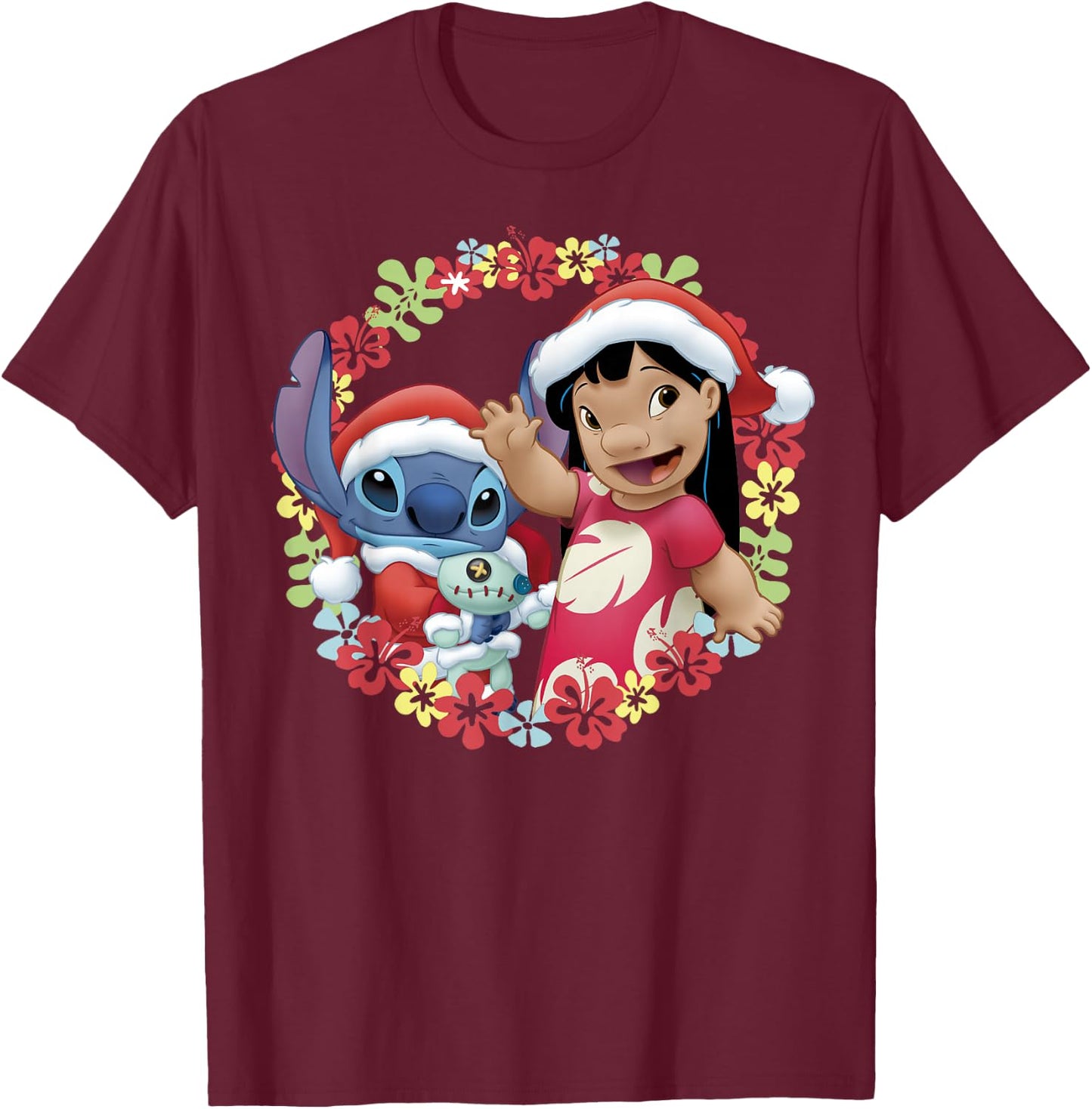Disney Lilo & Stitch Christmas Hawaiian Flower Wreath T-Shirt - T-Shirt | Maroon