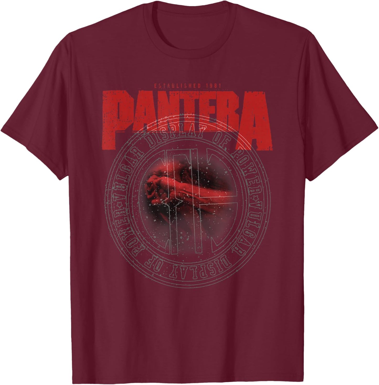 Pantera Official Vulgar Display of Power Circle Black -Adults Classic Fit Short Sleeve T-Shirt - T-Shirt | Maroon