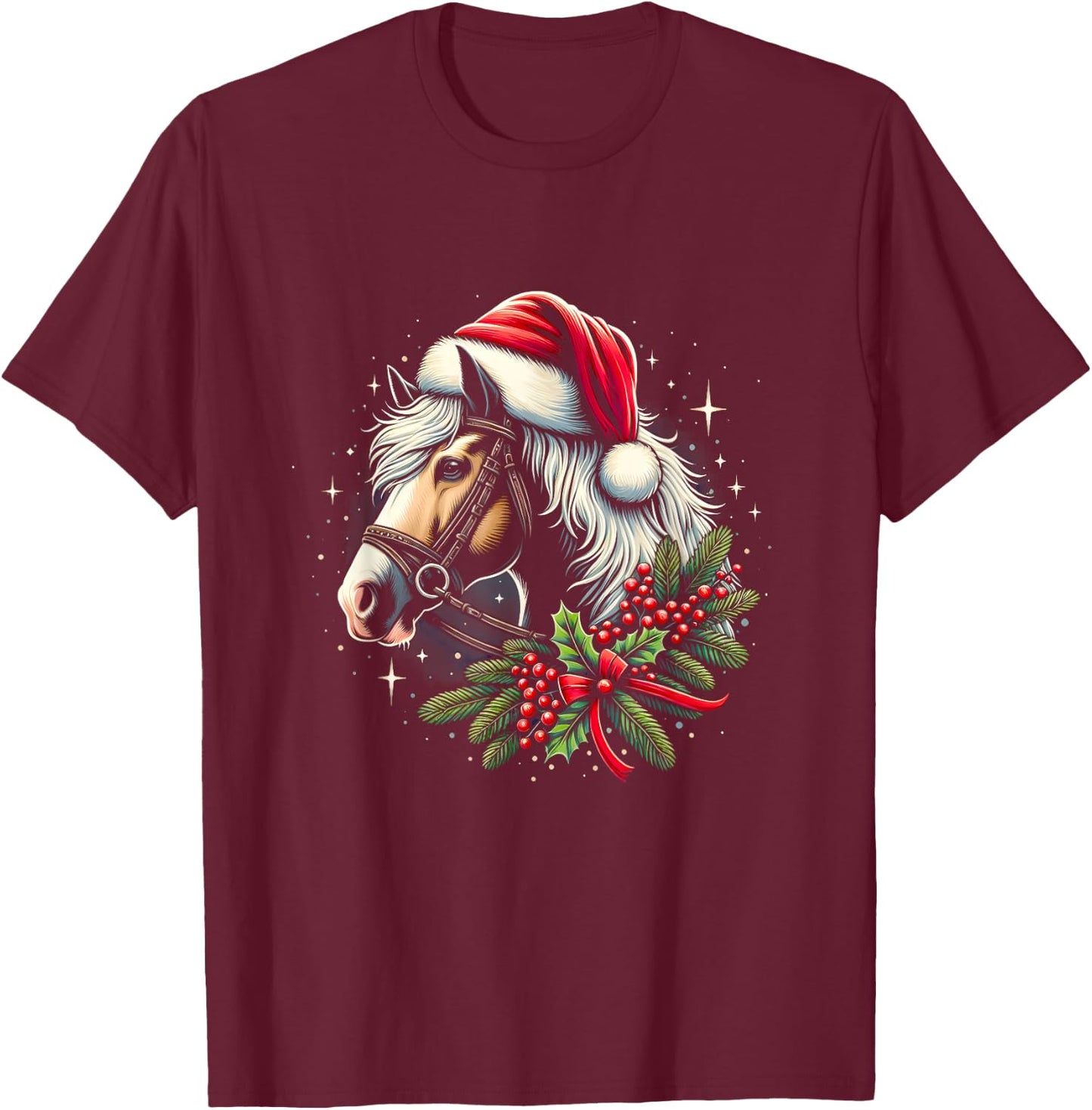 Shire Horse Christmas Wreath Cute Xmas Horse Lover Santa Hat T-Shirt - T-Shirt | Maroon