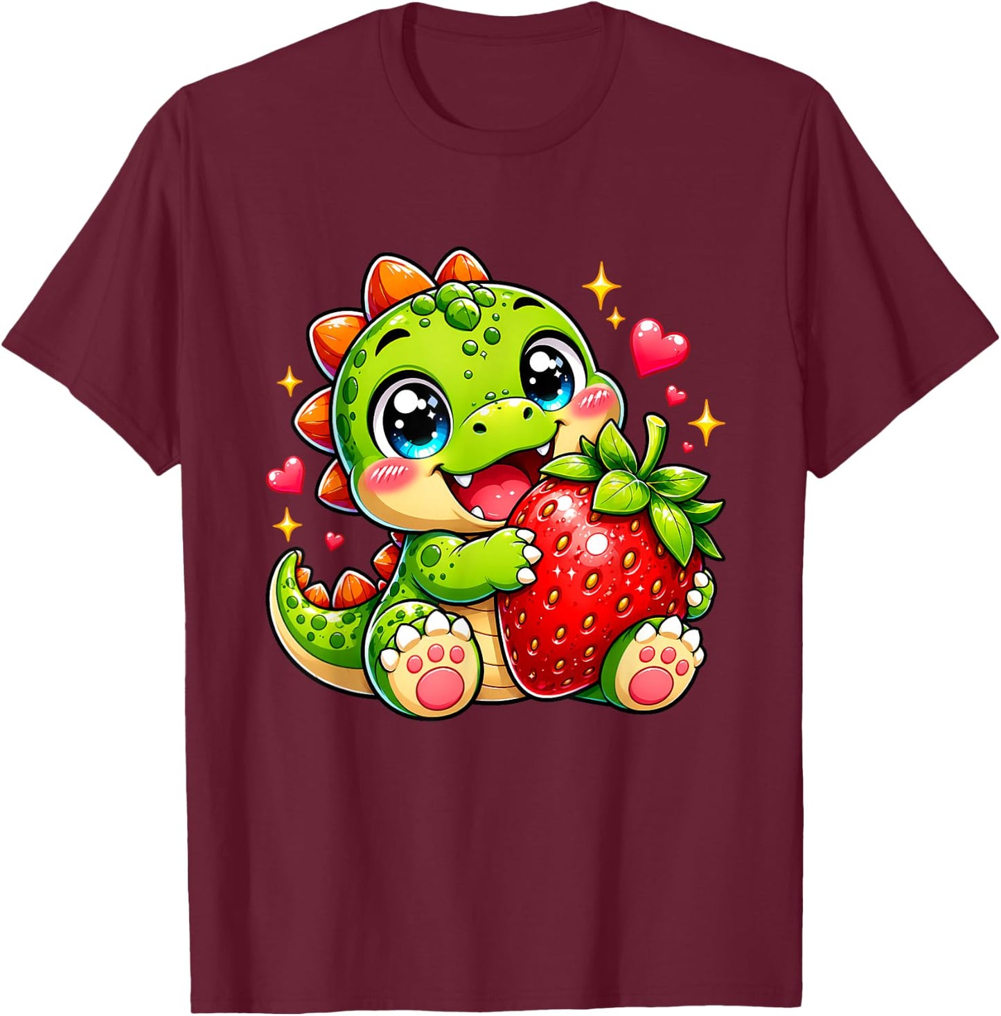 Cute Kawaii Strawberry Baby Dinosaur Summer Fruit Lover Gift T-Shirt - T-Shirt | Maroon