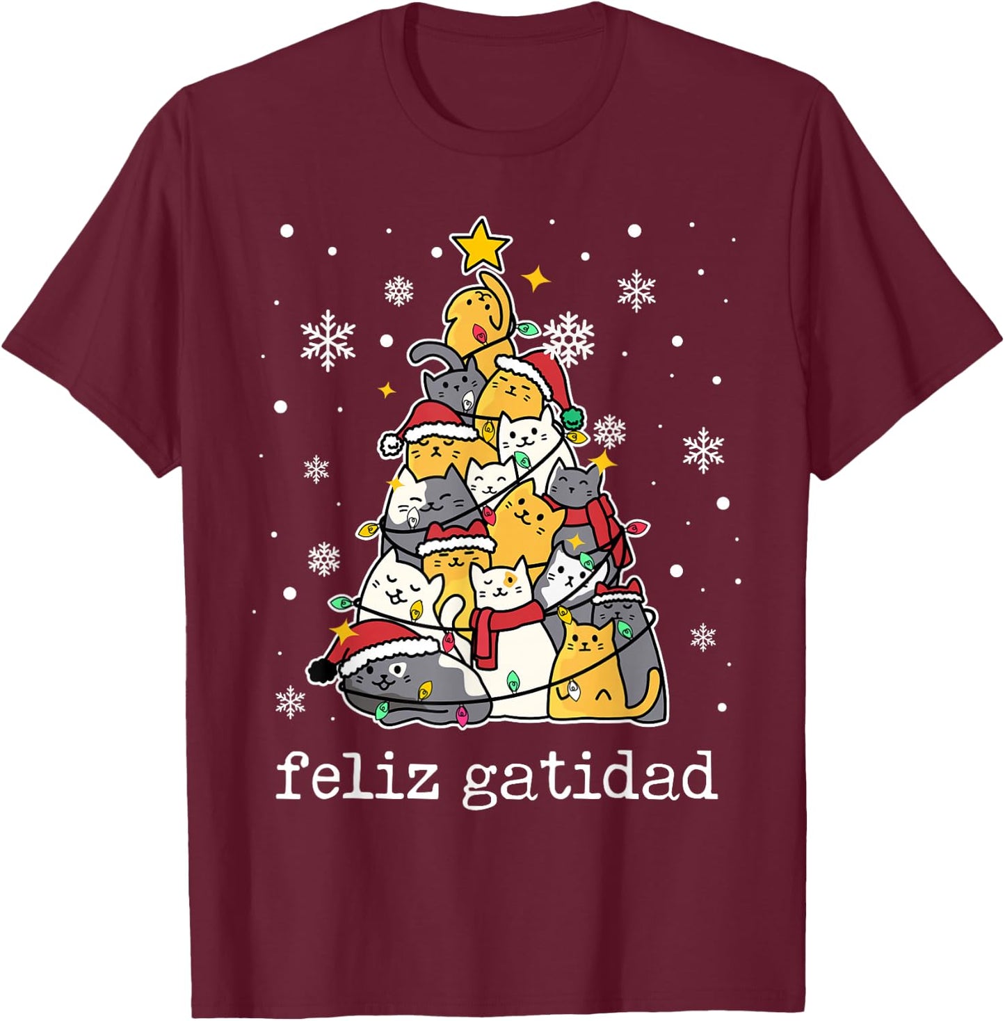 Feliz Navidad Cat Lover Xmas Tree Spanish Mexican Christmas T-Shirt - T-Shirt | Maroon
