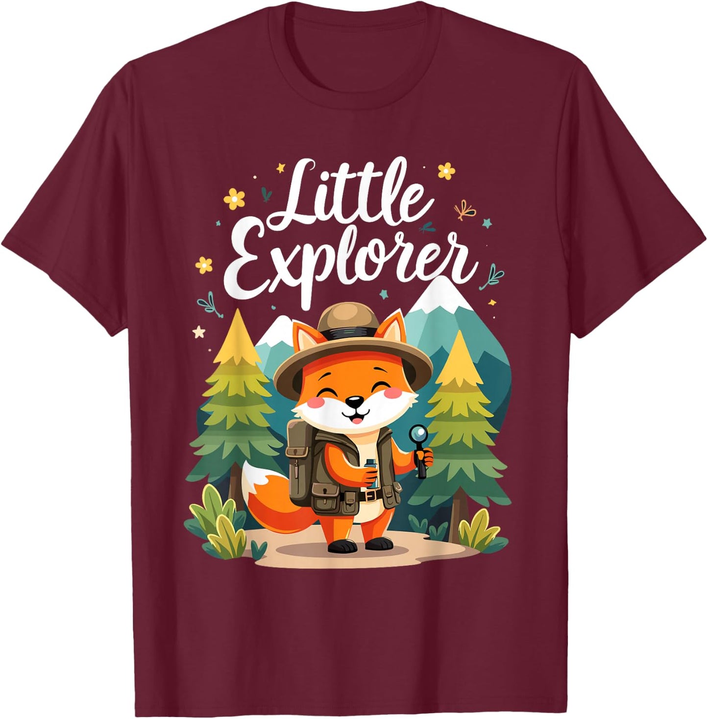 Little Explorer, Cute Fox Camping Hiking Children T-Shirt - T-Shirt | Maroon