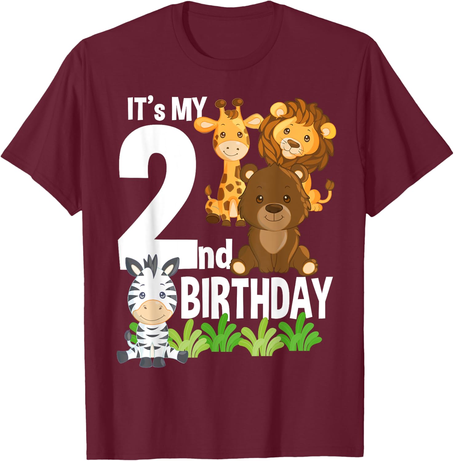 It's My 2nd Birthday Zoo Theme Birthday Safari Jungle Animal T-Shirt - T-Shirt | Maroon