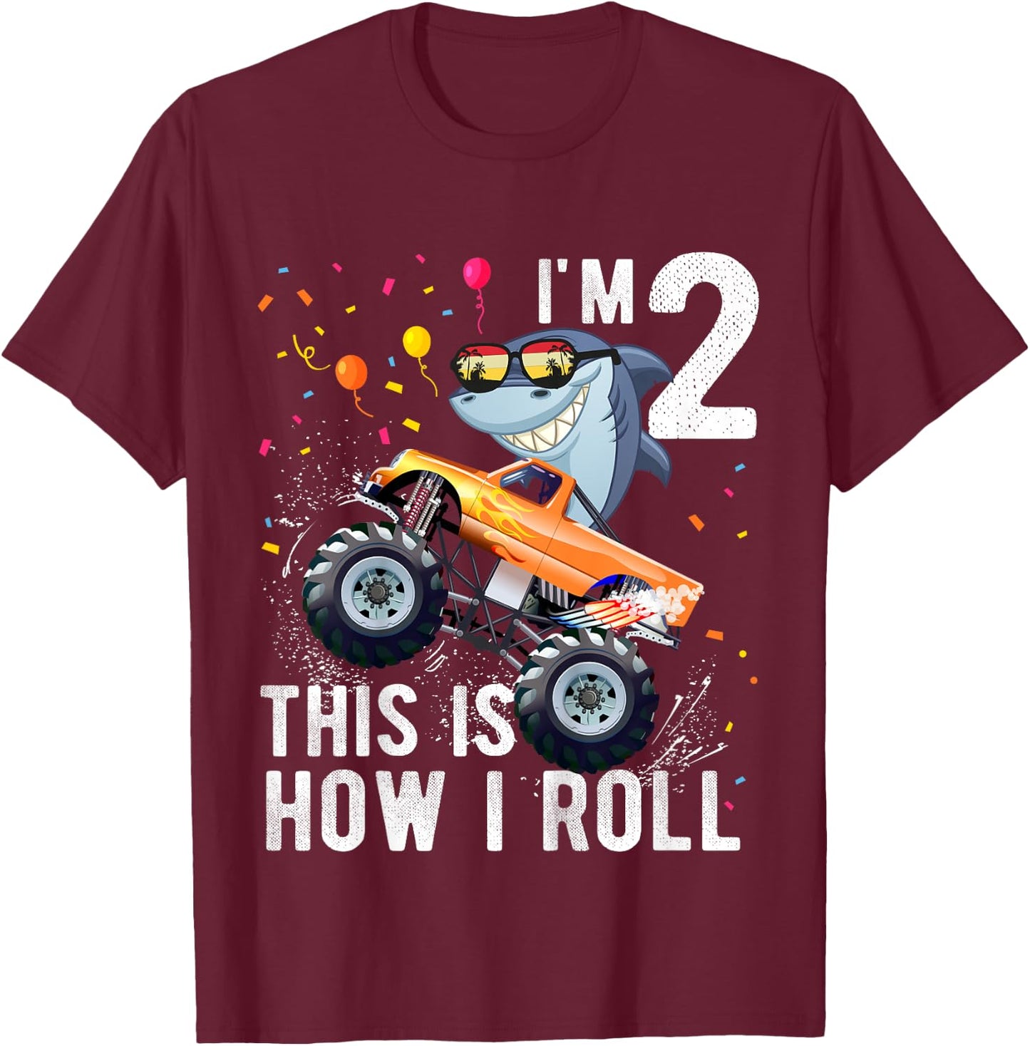 Shark Monster Truck 2nd Birthday Boys and Girls T-Shirt - T-Shirt | Maroon