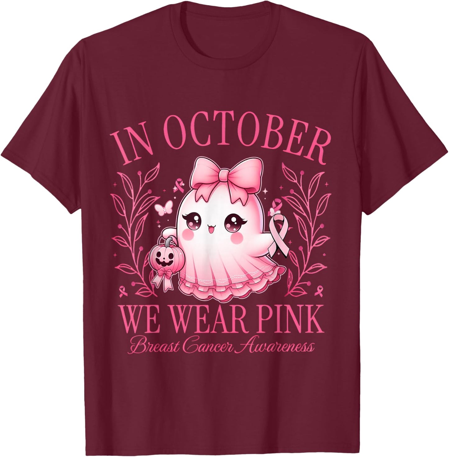 In October We Wear Pink Breast Cancer Ghost Coquetty T-Shirt - T-Shirt | Maroon
