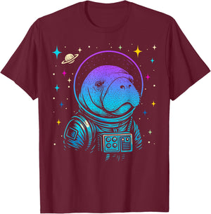 Colorful Astronaut Manatee Space Galaxy Sea Cow T-Shirt - T-Shirt | Maroon