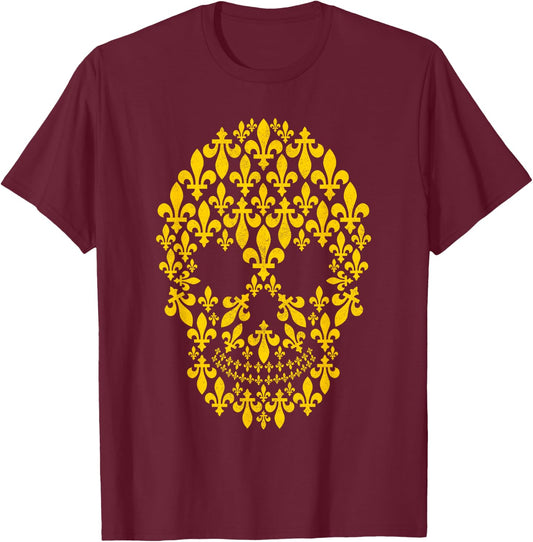 New Orleans Fleur de lis Skull Grunge Gold T-Shirt - T-Shirt | Maroon