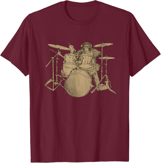 Drummer Shirt Men Monkey Lover Gift Drummer Musician T-Shirt - T-Shirt | Maroon