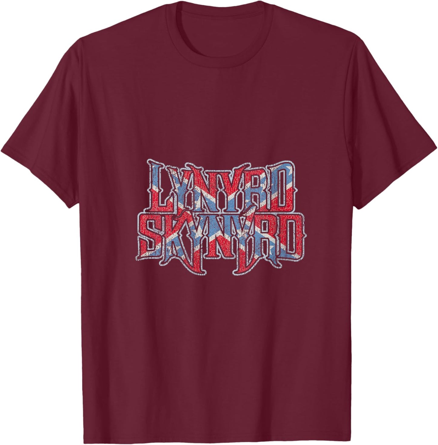 Lynyrd Skynyrd Vintage Logo Rock Biker US Flag Southern V-Neck T-Shirt - T-Shirt | Maroon