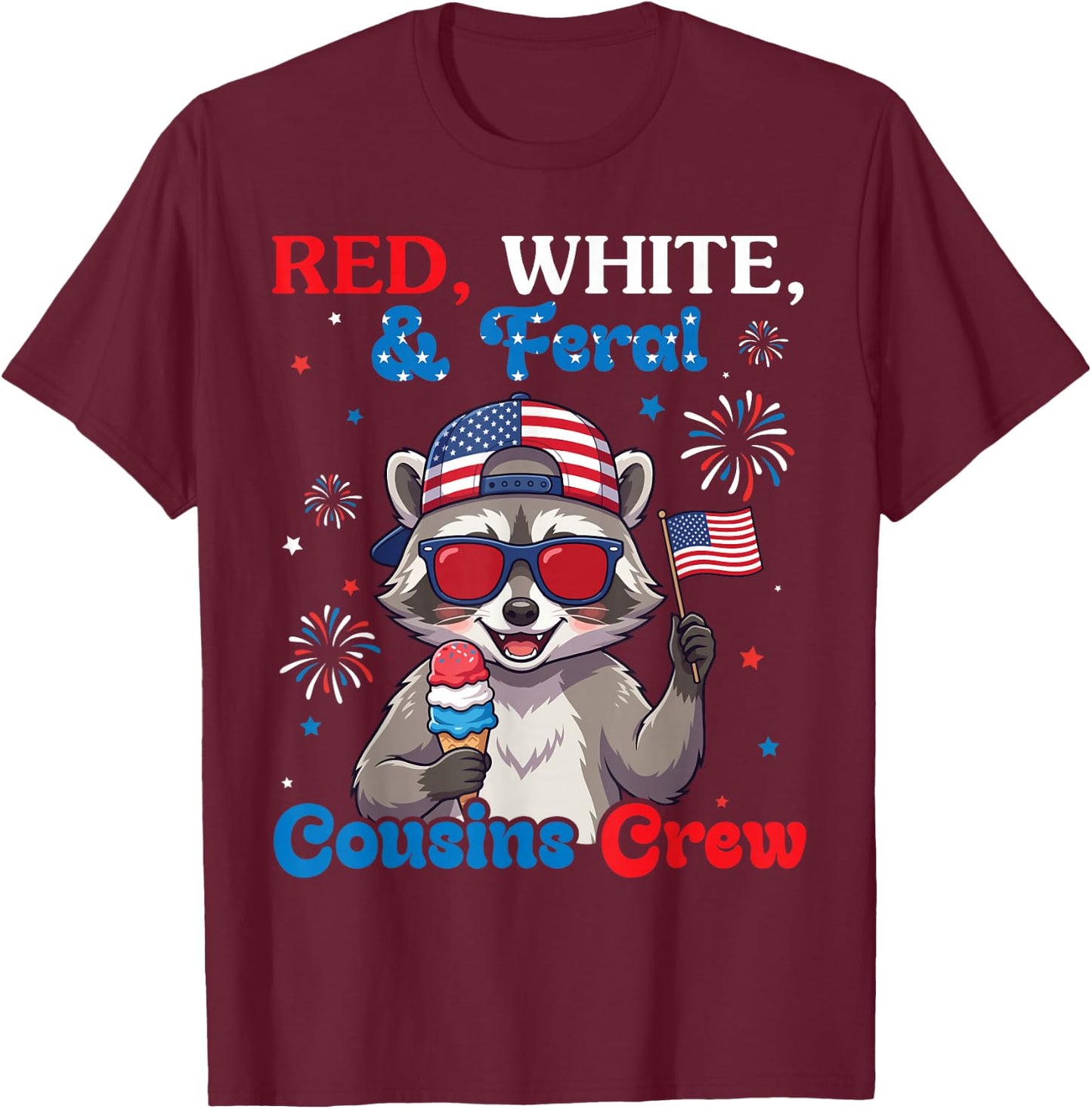 Red White Feral Cousins Crew Patriotic Raccoon July 4th Boys T-Shirt - T-Shirt | Maroon
