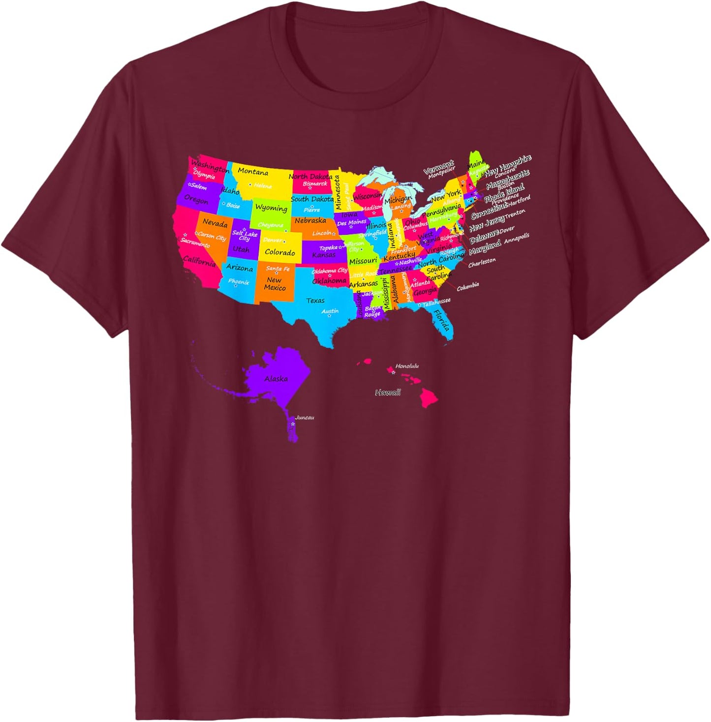 United States map with States and Capital Cities Shirt T-Shirt - T-Shirt | Maroon