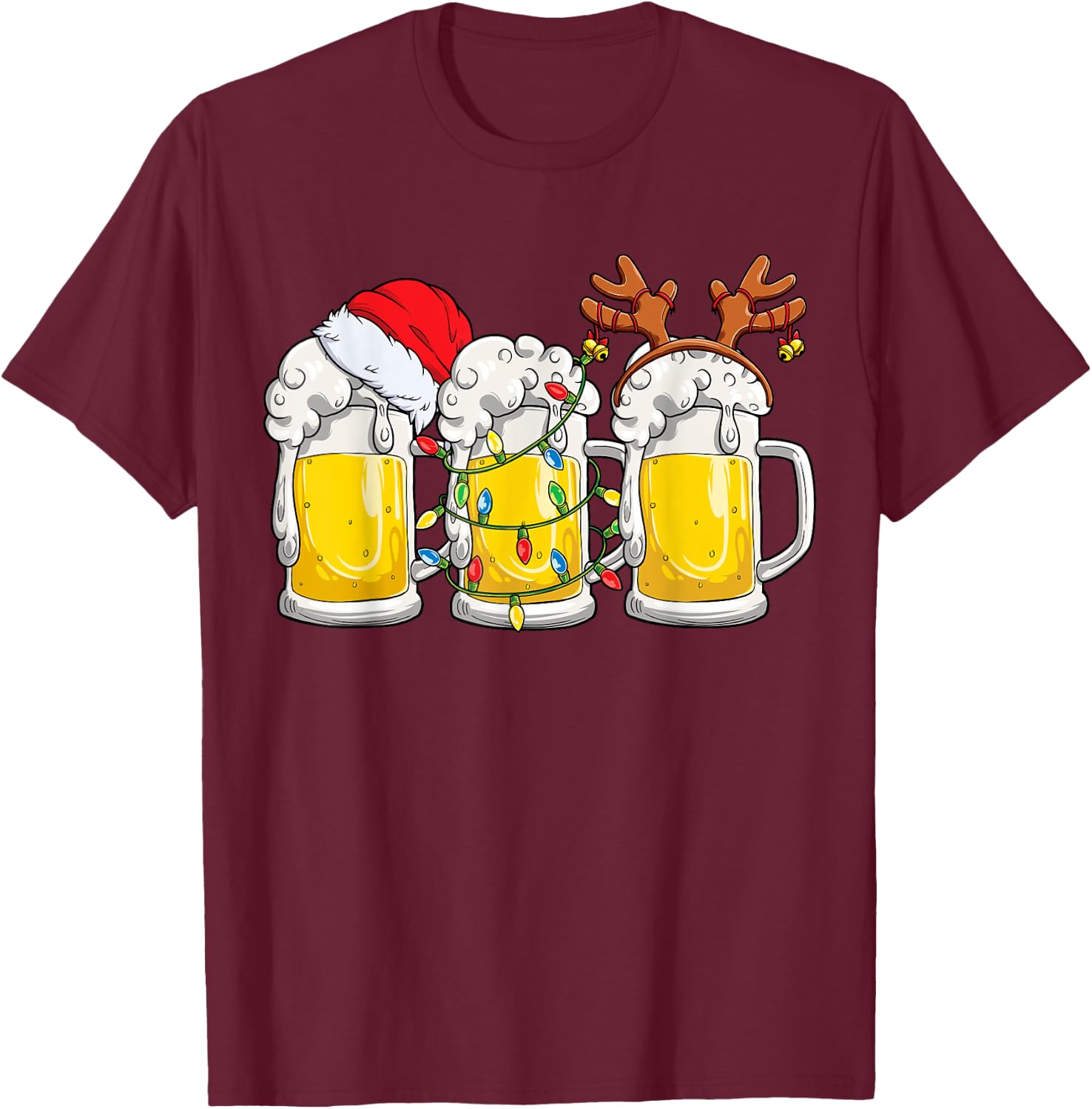 Beer Christmas Mug Santa Reinbeer Xmas Tree Lights Men Women T-Shirt - T-Shirt | Maroon